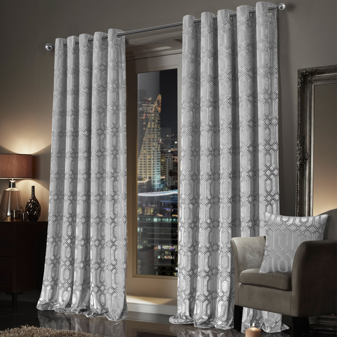 Luxe Geo Velvet Eyelet Curtains Grey Thermal Insulated Soundproof Light Blocking Drapes for Bedroom & Lounge by OLIVIA ROCCO