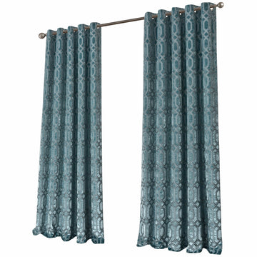 Luxe Geo Velvet Eyelet Curtains Teal Thermal Insulated Soundproof Light Blocking Drapes for Bedroom & Lounge by OLIVIA ROCCO