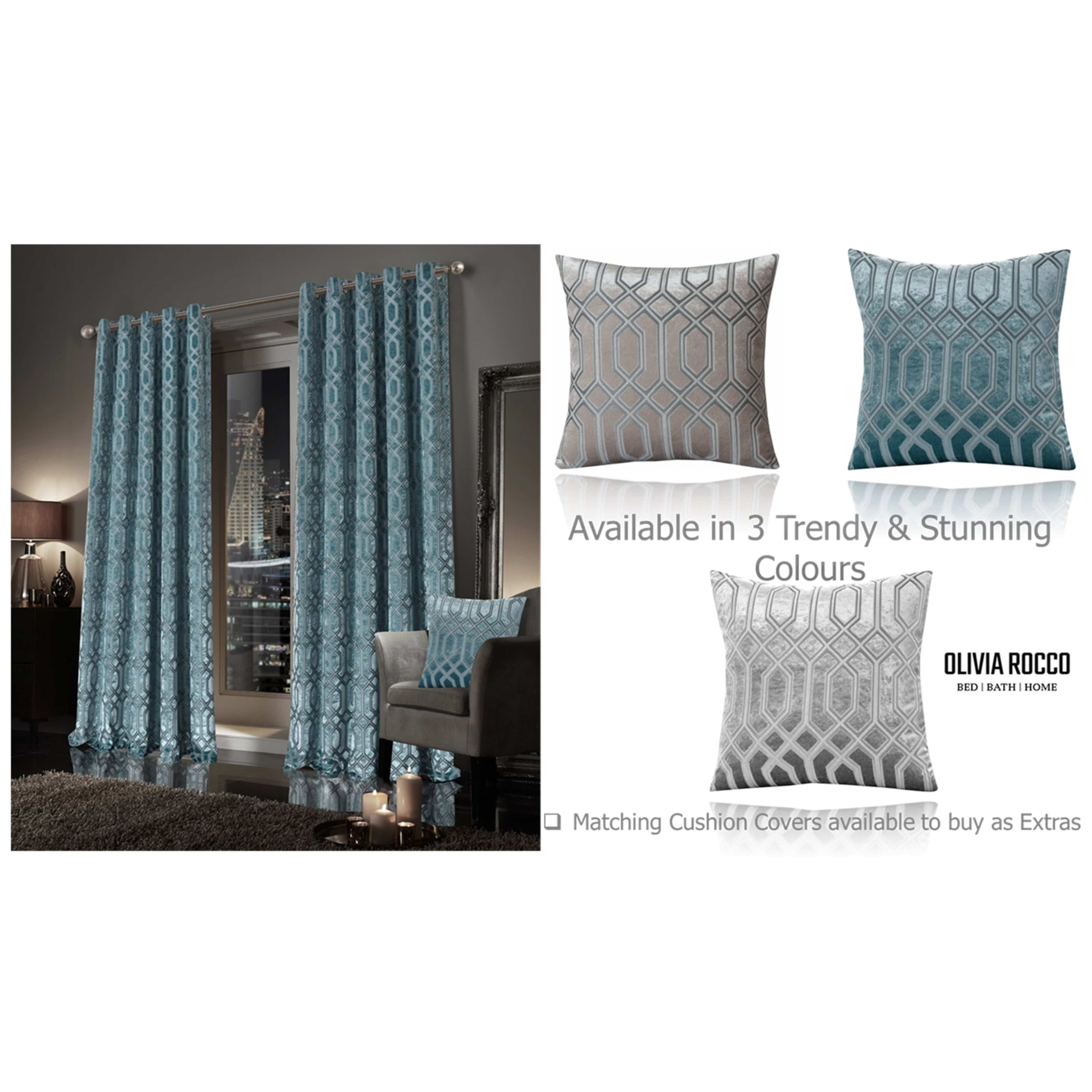 Luxe Geo Velvet Eyelet Curtains Teal Thermal Insulated Soundproof Light Blocking Drapes for Bedroom & Lounge by OLIVIA ROCCO