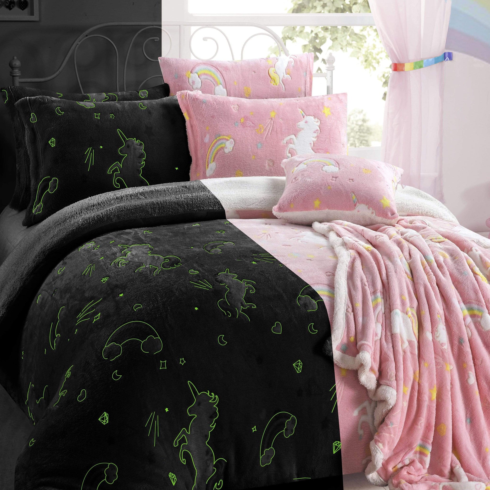Magical Glow In The Dark Rainbow Unicorn Teddy Fleece Duvet Set for Kids Super Soft Cosy Bedding Perfect for Children's Bedrooms by OLIVIA ROCCO