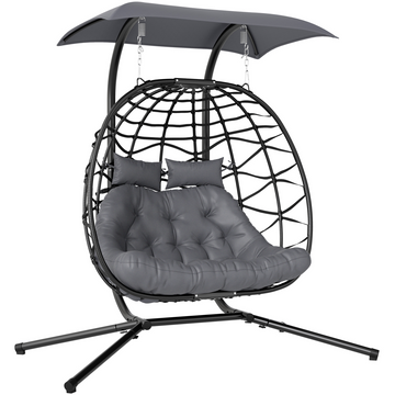 Outsunny Rattan Double Hanging Egg Chair with Canopy, Cushion, Black