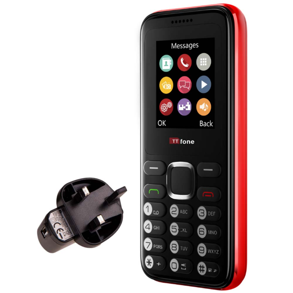 TTfone TT150 Unlocked Basic Mobile Phone UK Sim Free, Long Battery Life, Dual Sim with camera and games, easy to use, durable and light weight pay as you go - Red with Mains Charger and EE Sim Card