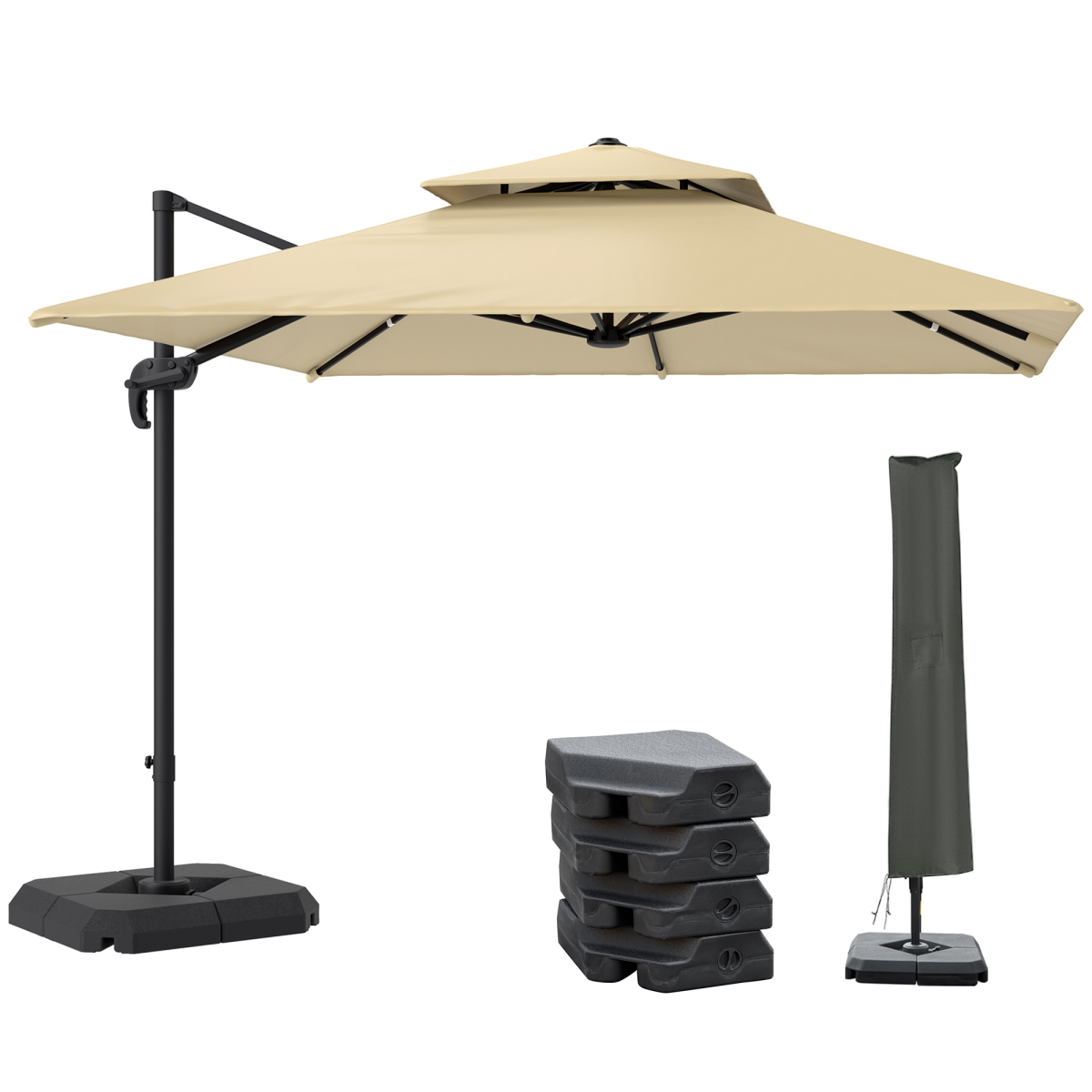 Outsunny 360° Cantilever Parasol Roma Umbrella w/ Base Weights, Khaki