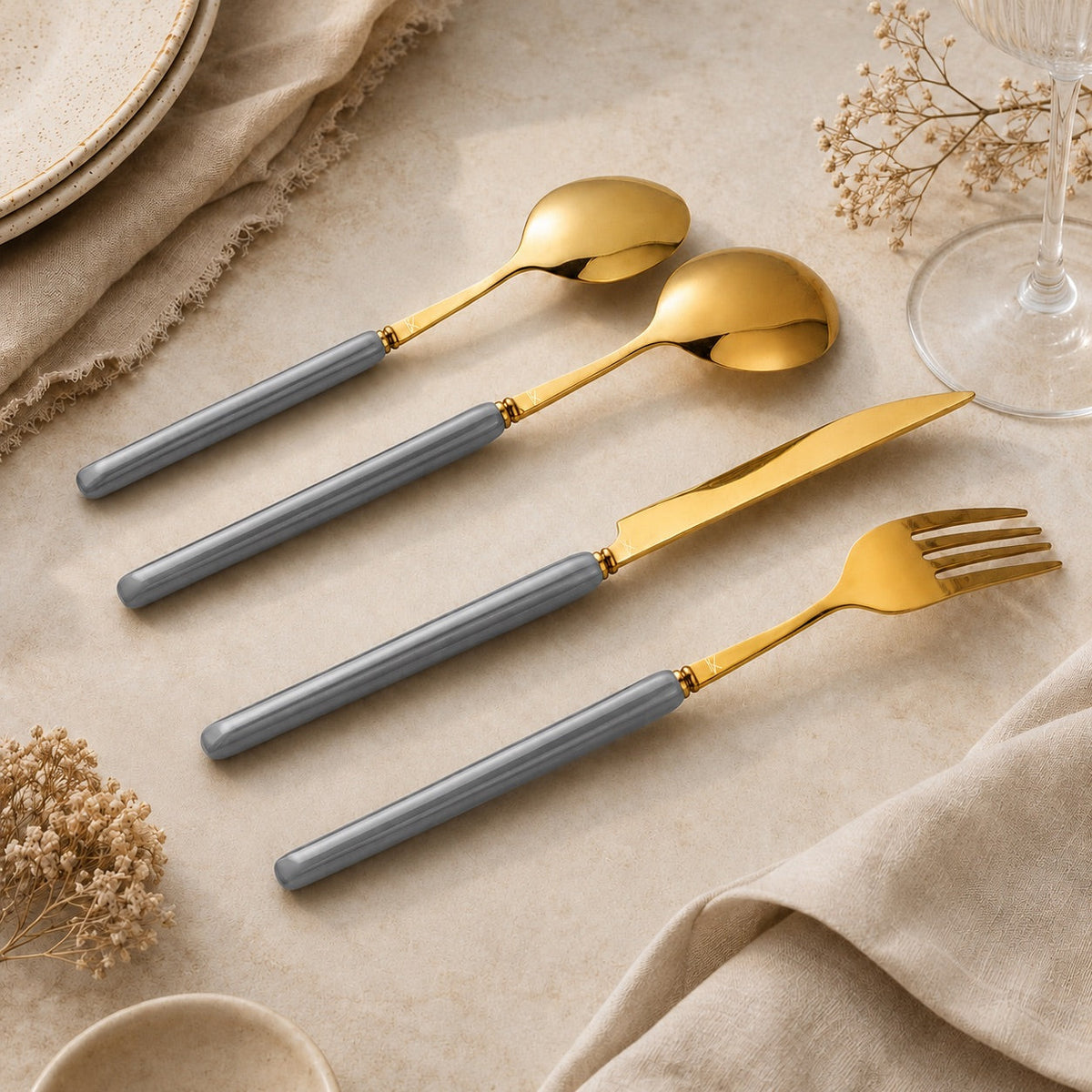 Marlowe 24-Piece Gold Cutlery Set – Pearl Grey