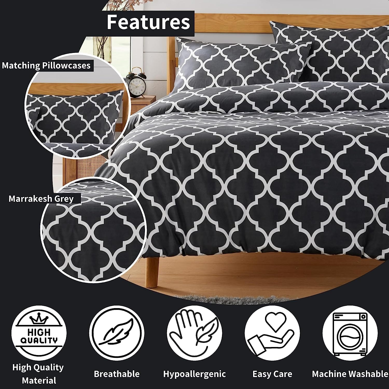 Marrakesh Grey Printed Duvet Cover Set Luxurious Easy Care Polyester Blend Bedding with Pillowcases for Master Bedroom Guest Rooms Dorms Durable and Comfortable by OLIVIA ROCCO