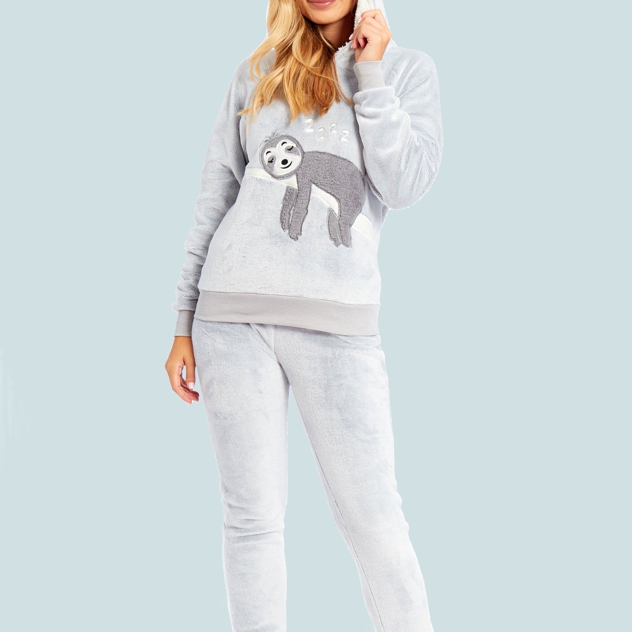 Matching Mother Daughter Plush Fleece Hooded Pyjama Set with Embroidered Sloth Design Ultra-Soft Sherpa-Lined Nightwear for Girls and Women by Daisy Dreamer