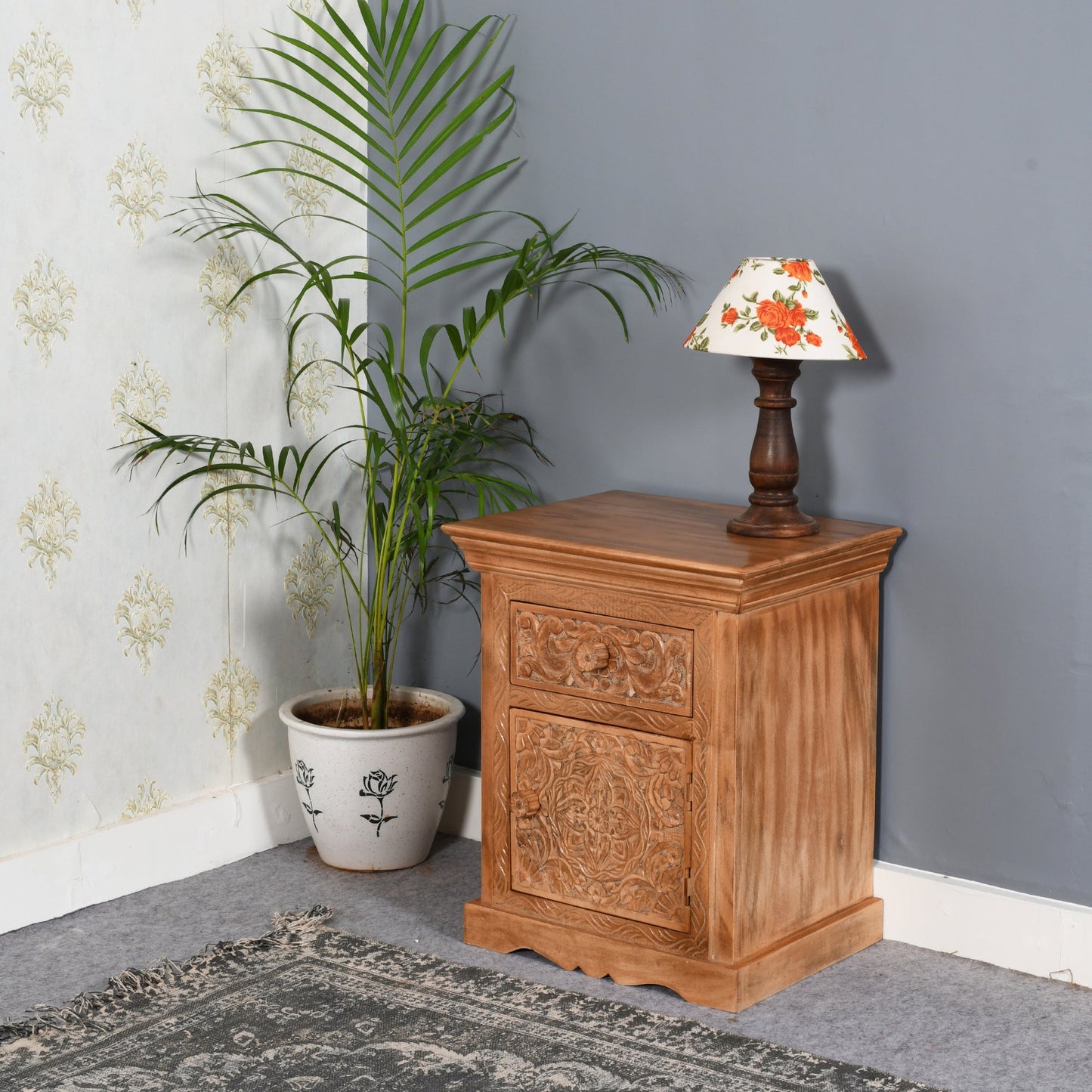 Carved Mango Wood Bedside Table With Storage