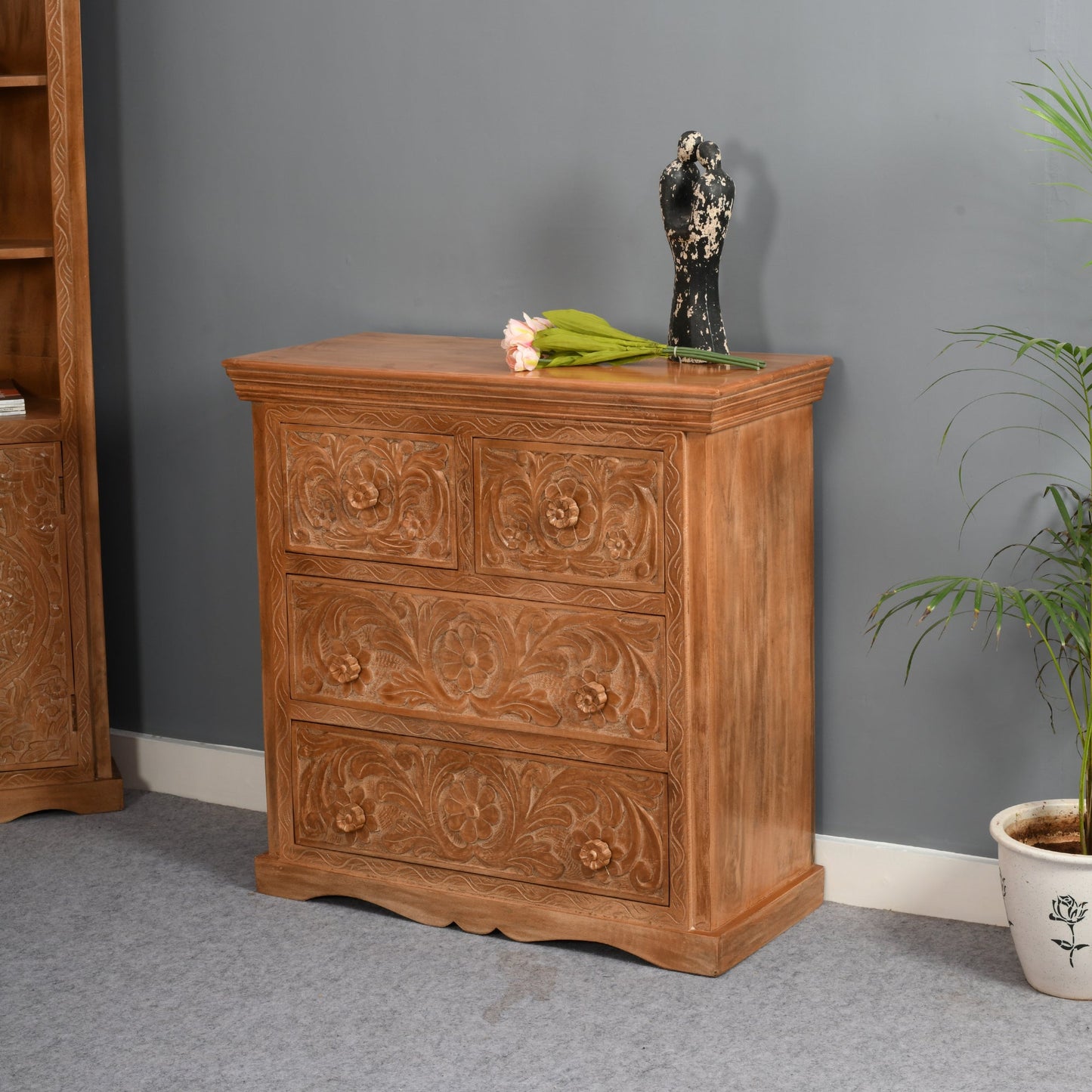 Carved Mango Wood Chest Of 4 Drawers