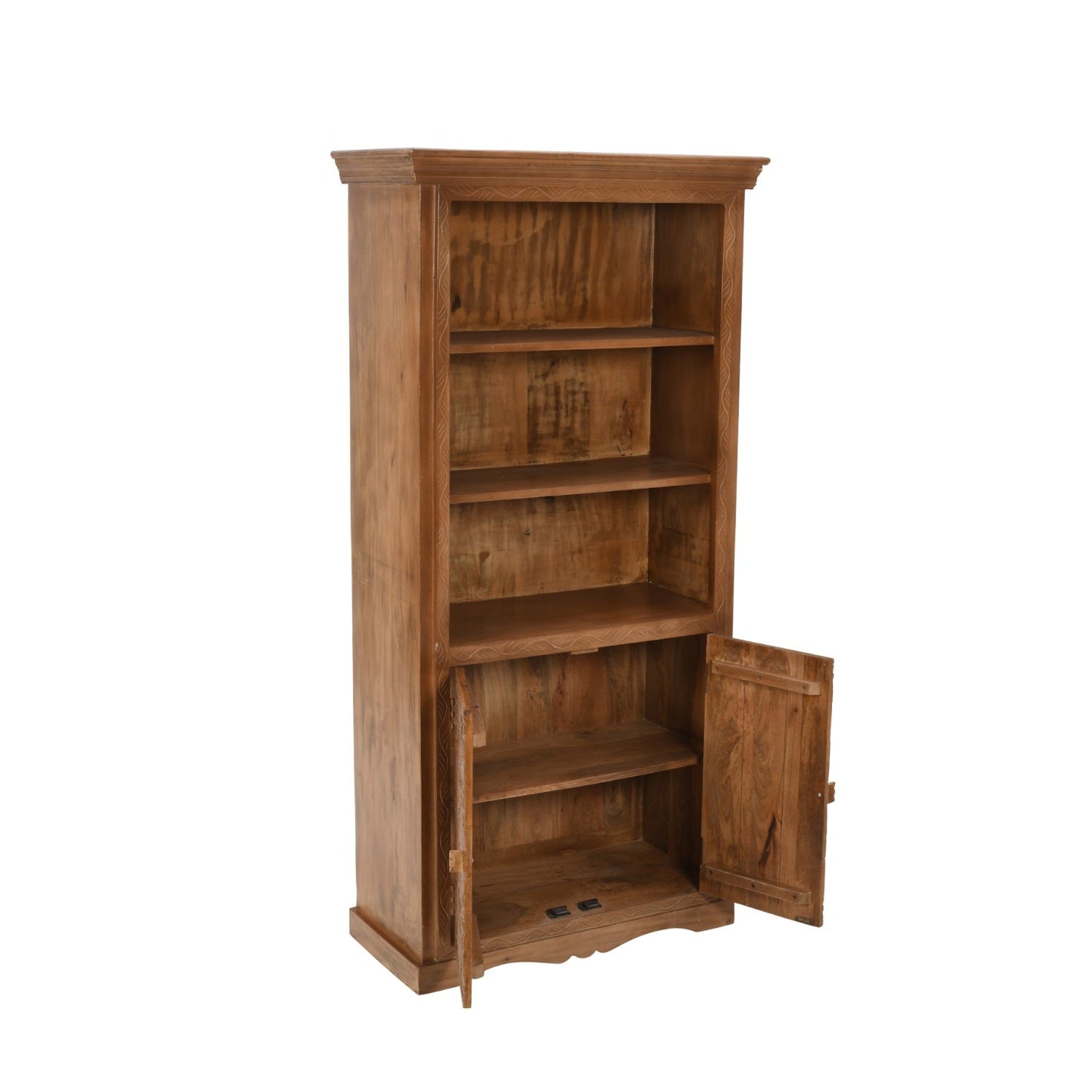 Carved Mango Wood Large Corner Bookcase   3 Shelving & 1 Door