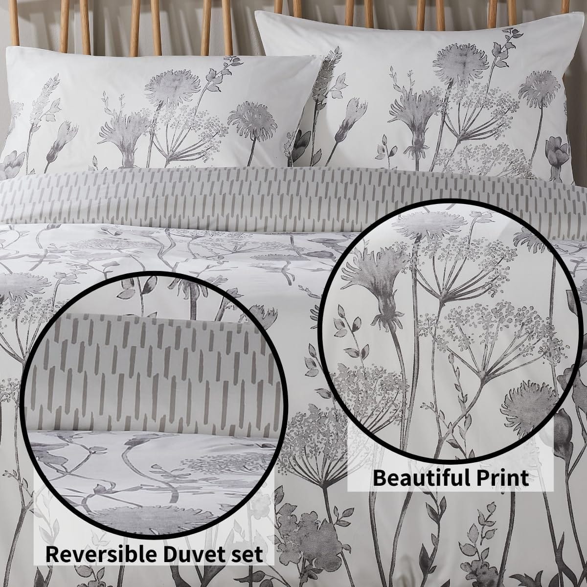 Meadow Grey Reversible Duvet Cover Set with Pillowcases Stylish Chic Design Durable Breathable Polyester Quilt Cover for Master Guest Rooms by OLIVIA ROCCO