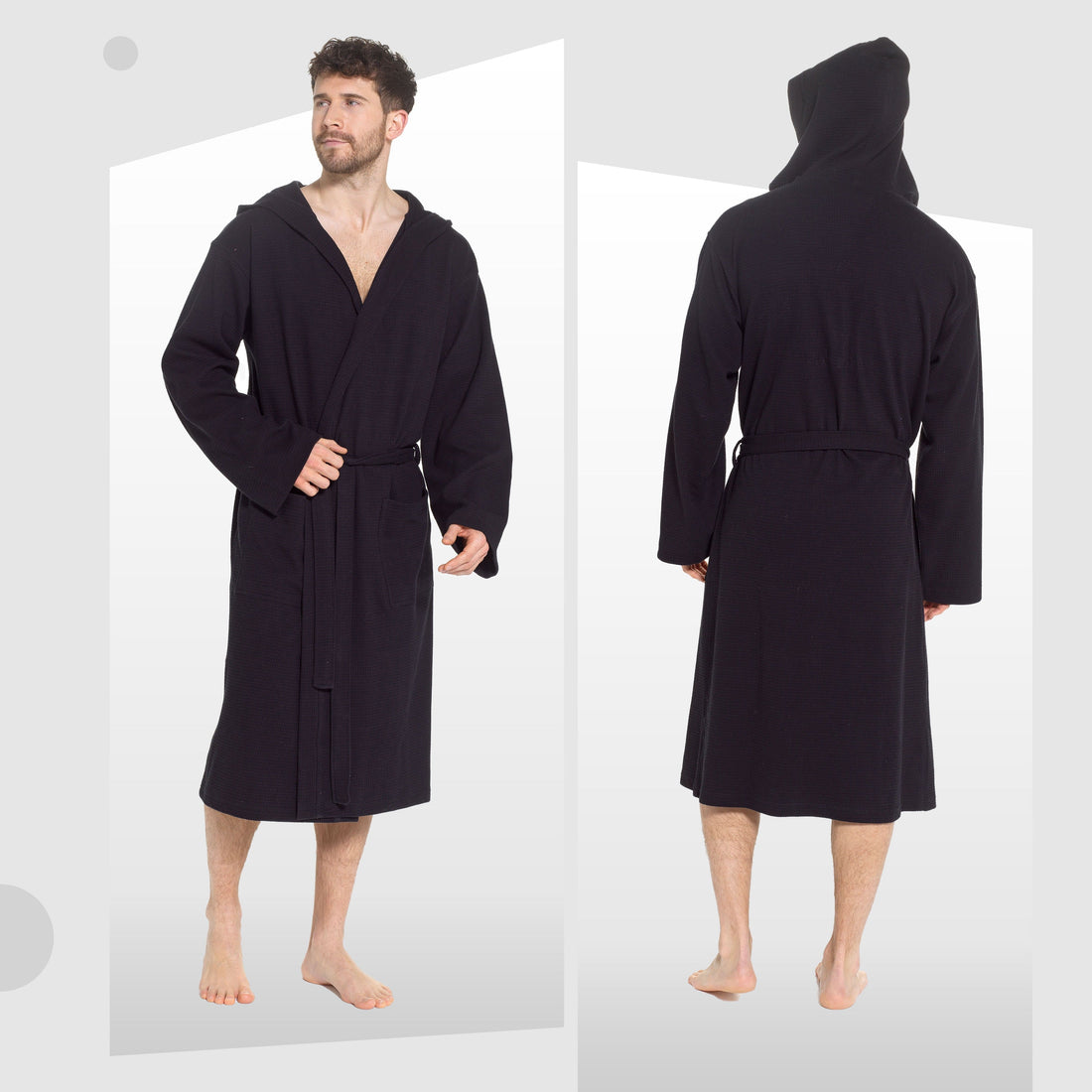 Men’s Hooded Waffle Cotton Bathrobe Black Super Absorbent Spa Robe Luxury Dressing Gown for Home & Loungewear by OLIVIA ROCCO