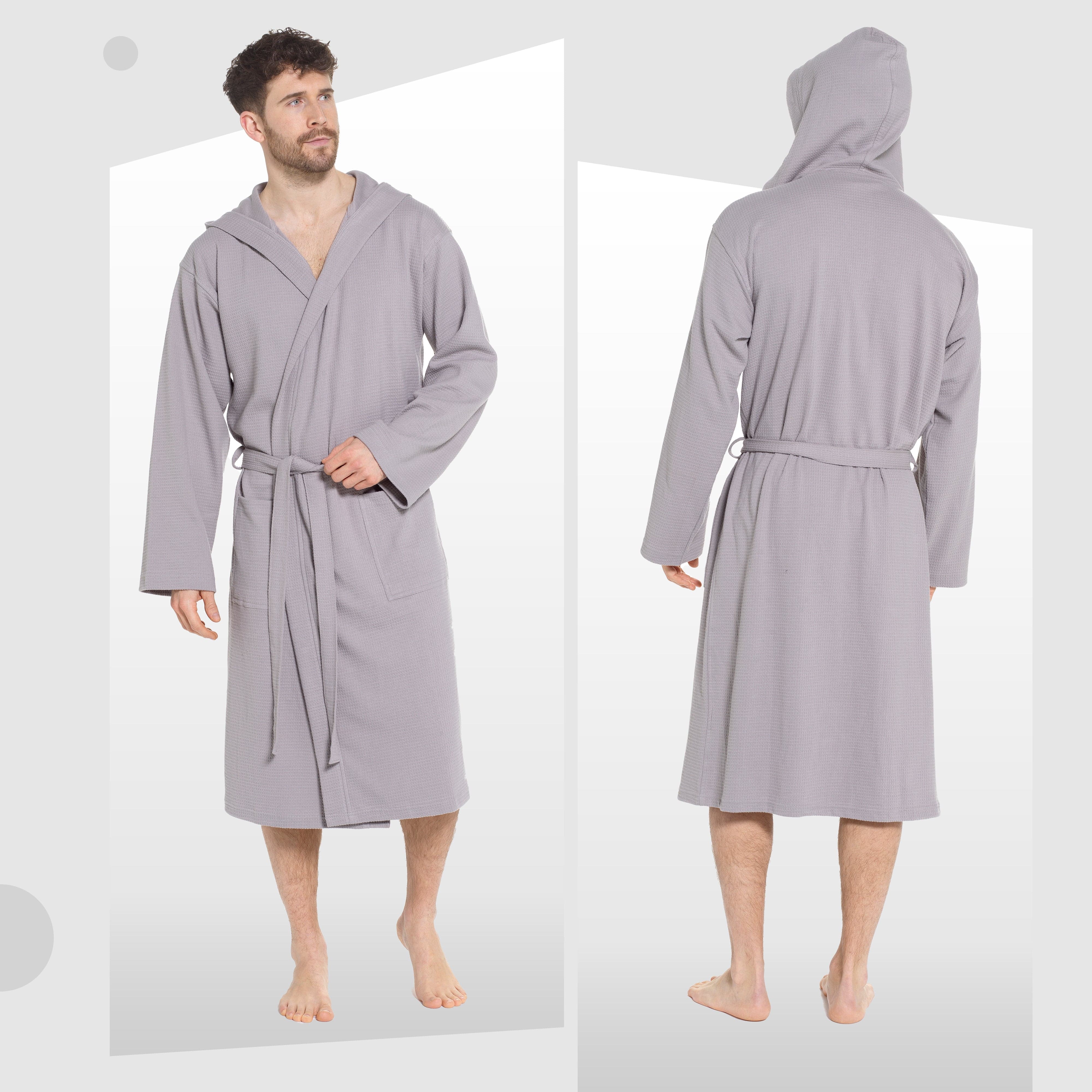 Men’s Hooded Waffle Cotton Bathrobe Grey Super Absorbent Spa Robe Luxury Dressing Gown for Home & Loungewear by OLIVIA ROCCO