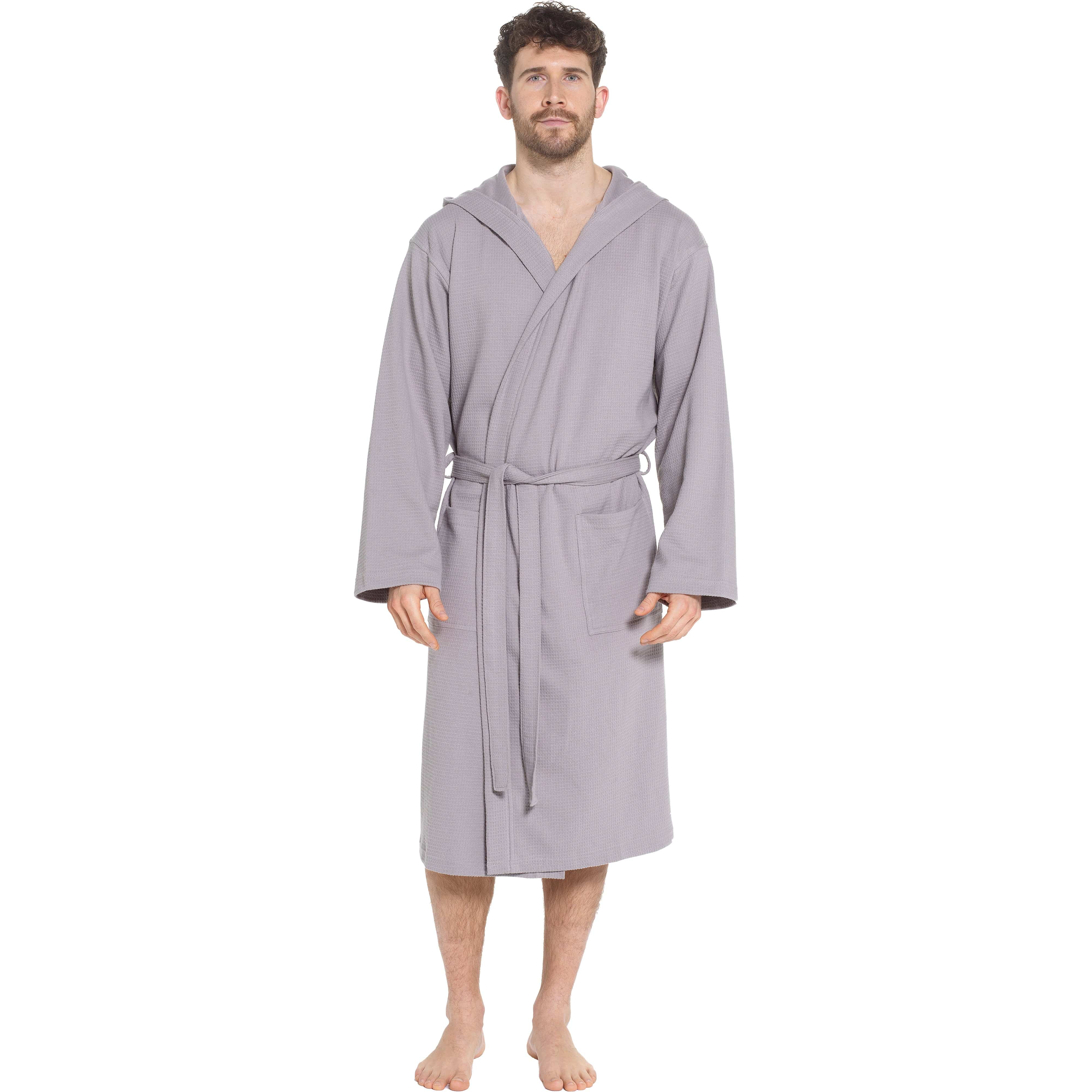 Men’s Hooded Waffle Cotton Bathrobe Grey Super Absorbent Spa Robe Luxury Dressing Gown for Home & Loungewear by OLIVIA ROCCO
