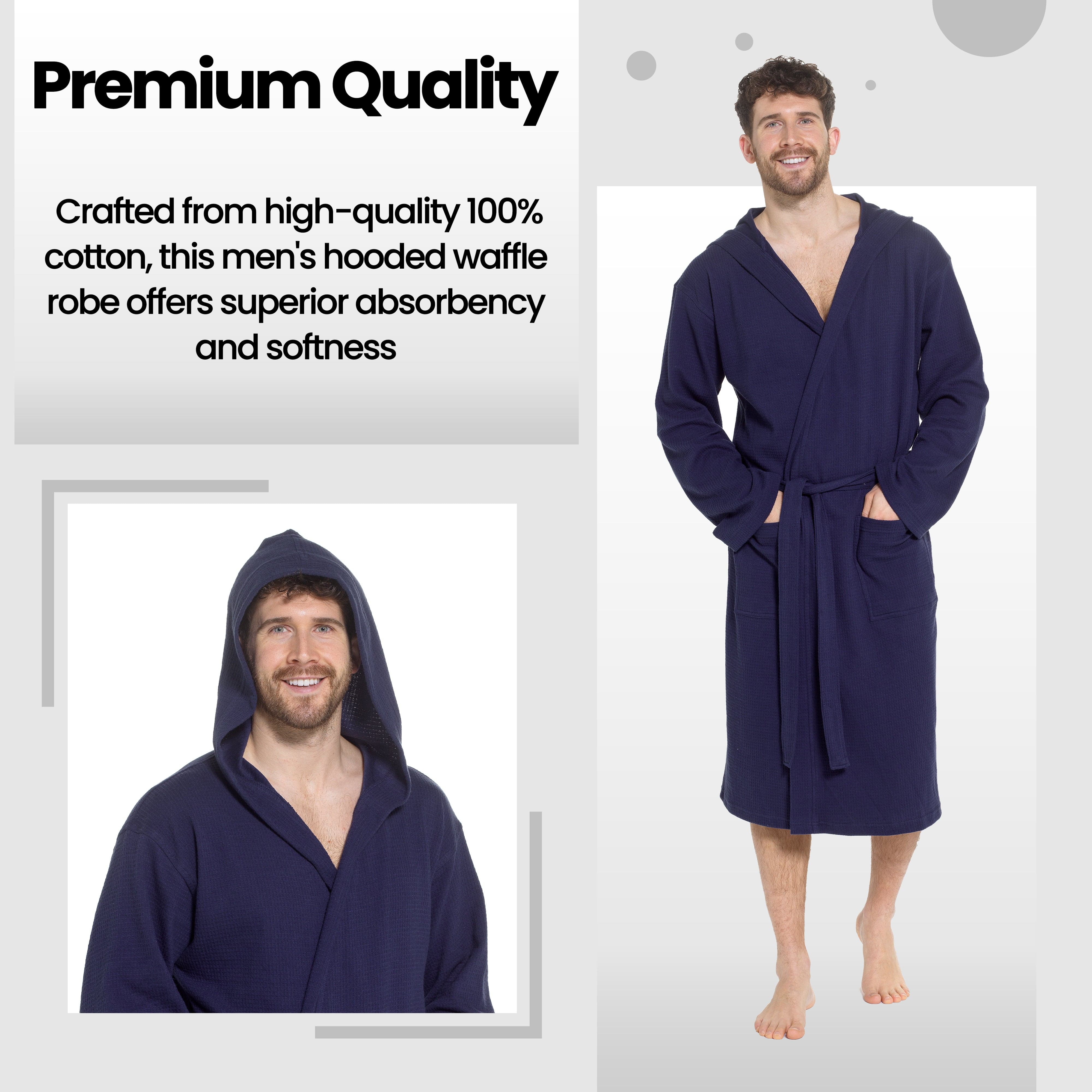 Men’s Hooded Waffle Cotton Bathrobe Navy Super Absorbent Spa Robe Luxury Dressing Gown for Home & Loungewear by OLIVIA ROCCO