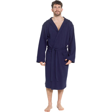 Men’s Hooded Waffle Cotton Bathrobe Navy Super Absorbent Spa Robe Luxury Dressing Gown for Home & Loungewear by OLIVIA ROCCO