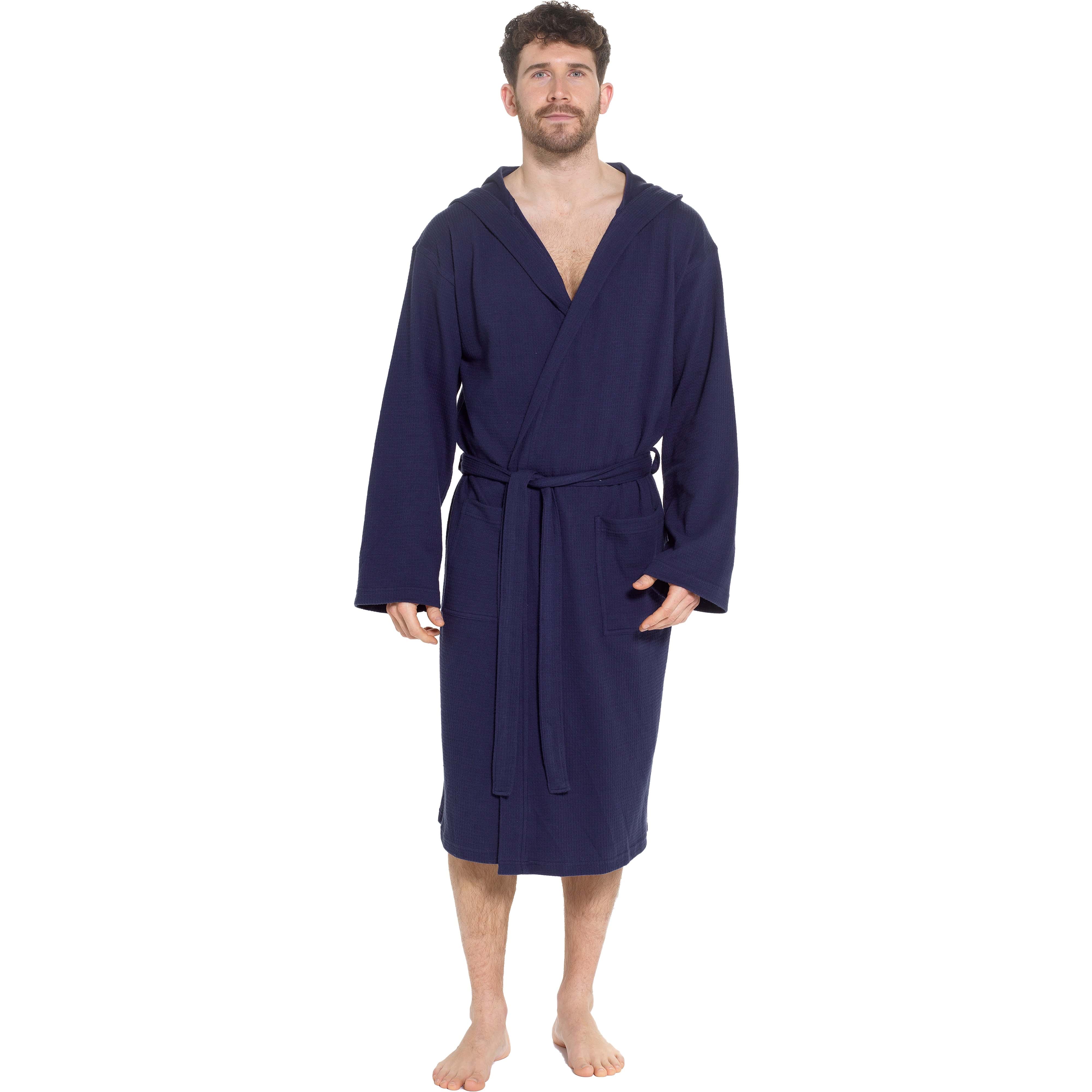 Men’s Hooded Waffle Cotton Bathrobe Navy Super Absorbent Spa Robe Luxury Dressing Gown for Home & Loungewear by OLIVIA ROCCO