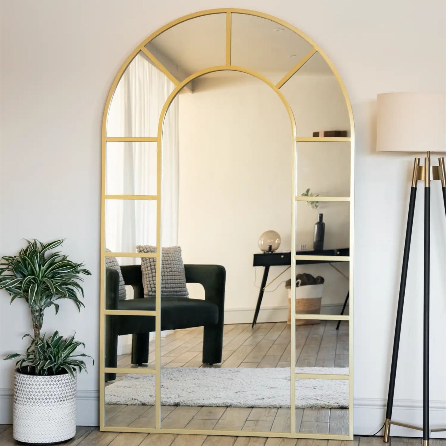 Mio - Full Length Gold Metal Arched Window Mirror - 180cm x 90cm.