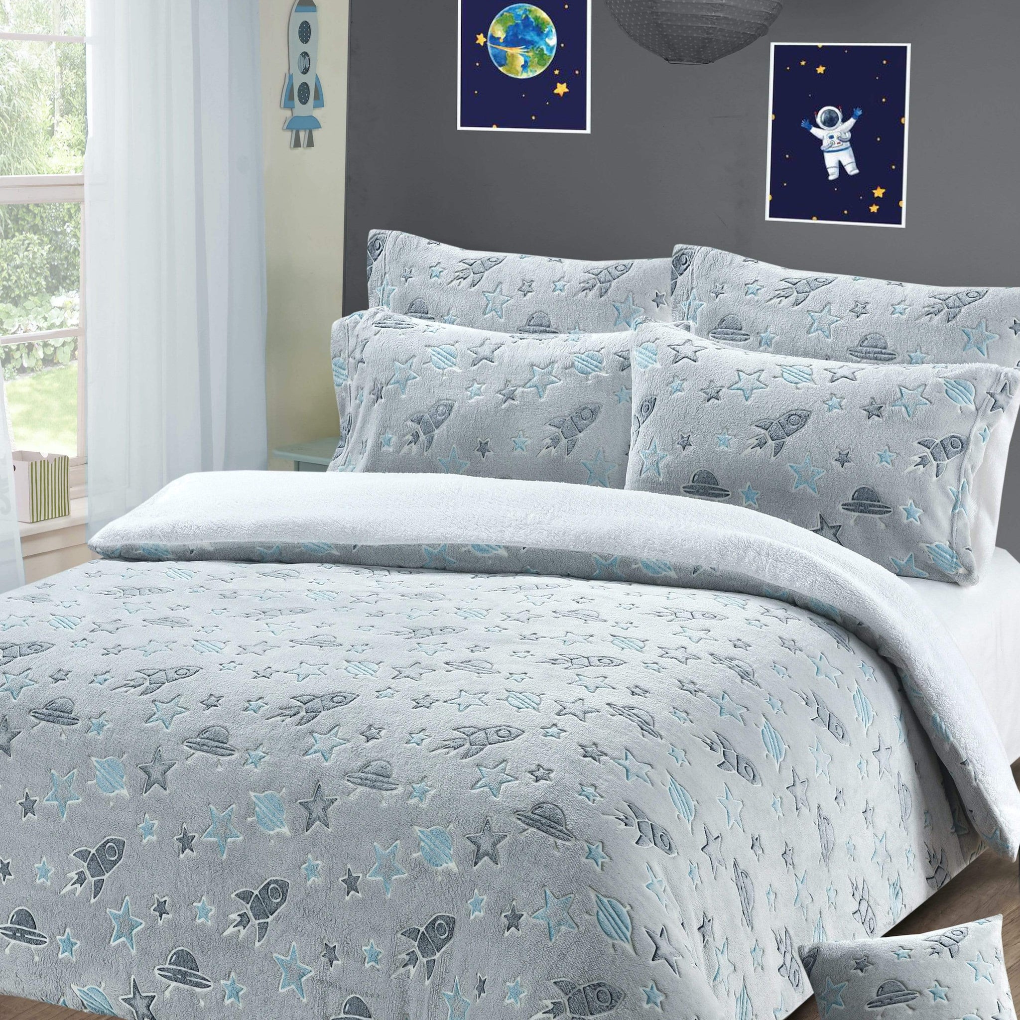 Outer Space Glow In The Dark Astronaut and Rocket Teddy Fleece Duvet Set for Children, OEKO-TEX Certified Bedding Perfect for Winter by OLIVIA ROCCO