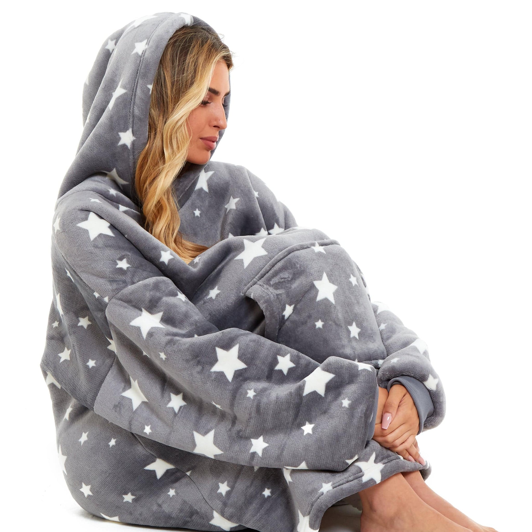 Oversized Hooded Blanket Ultra Soft Reversible Sherpa and Plush Fleece Grey Stars Giant Hoodie Sweatshirt for Adults and Kids by Daisy Dreamer