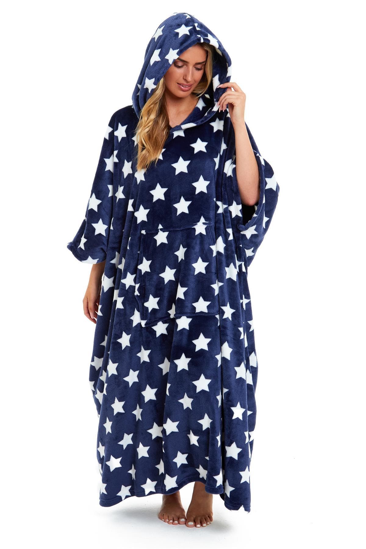 Oversized Hooded Fleece Poncho Blanket with Stars and Polka Dots Plush Wearable Blanket with Front Pocket for Adults Indoor Outdoor by Daisy Dreamer