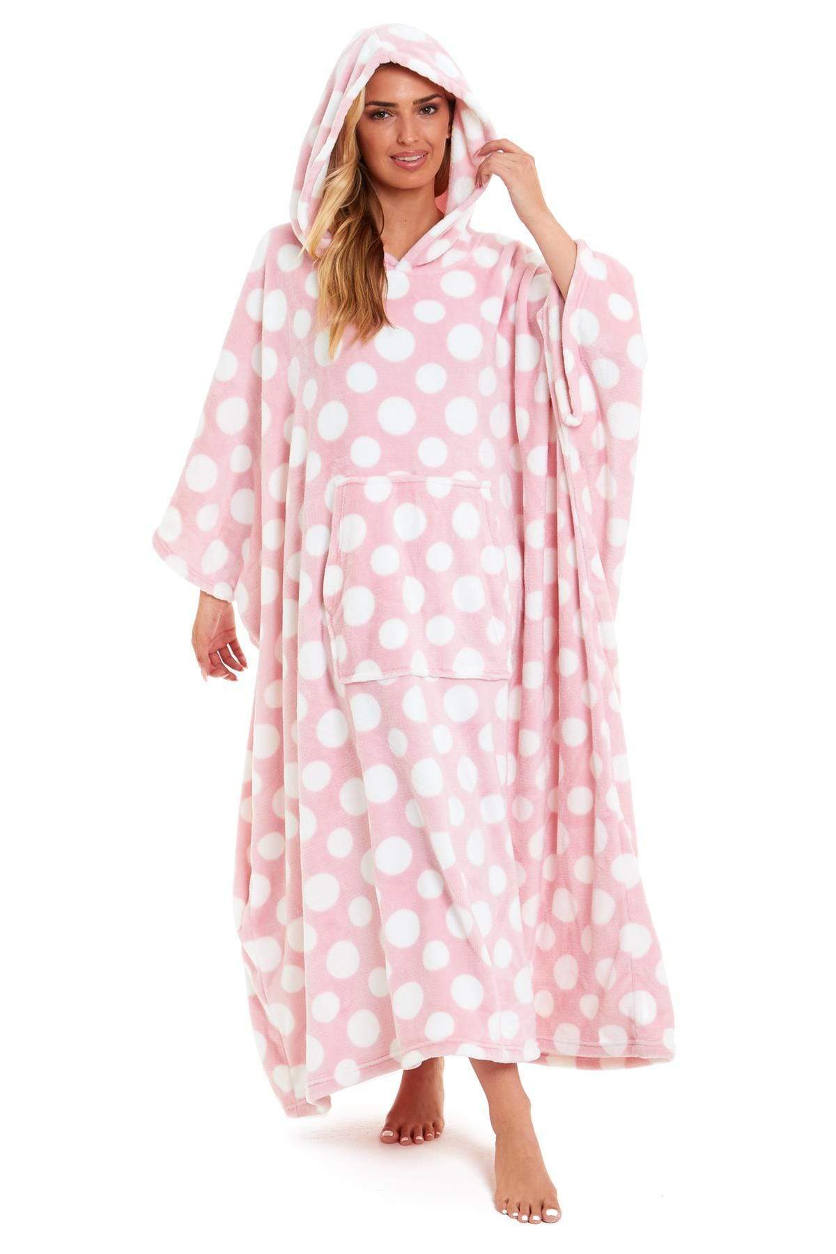 Oversized Hooded Fleece Poncho Blanket with Stars and Polka Dots Plush Wearable Blanket with Front Pocket for Adults Indoor Outdoor by Daisy Dreamer