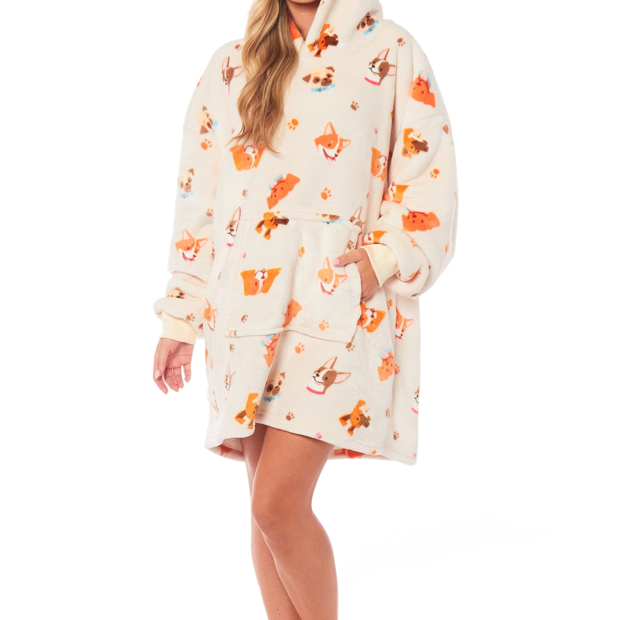 Oversized Hooded Reversible Sherpa Plush Fleece Blanket Hoodie with Adorable Dogs Print Ultra Soft Wearable Blanket for Adults and Kids One Size by Daisy Dreamer