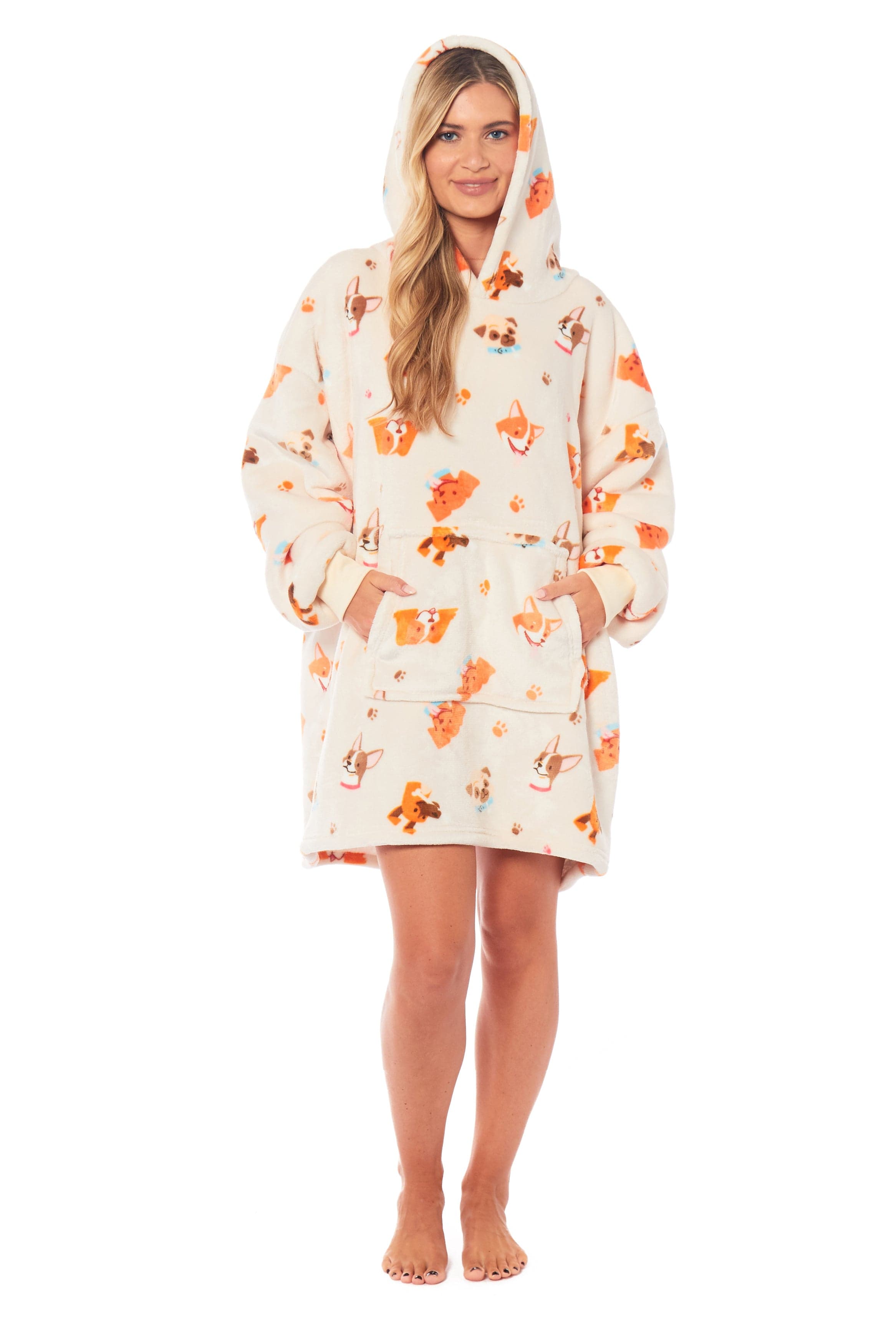 Oversized Hooded Reversible Sherpa Plush Fleece Blanket Hoodie with Adorable Dogs Print Ultra Soft Wearable Blanket for Adults and Kids One Size by Daisy Dreamer