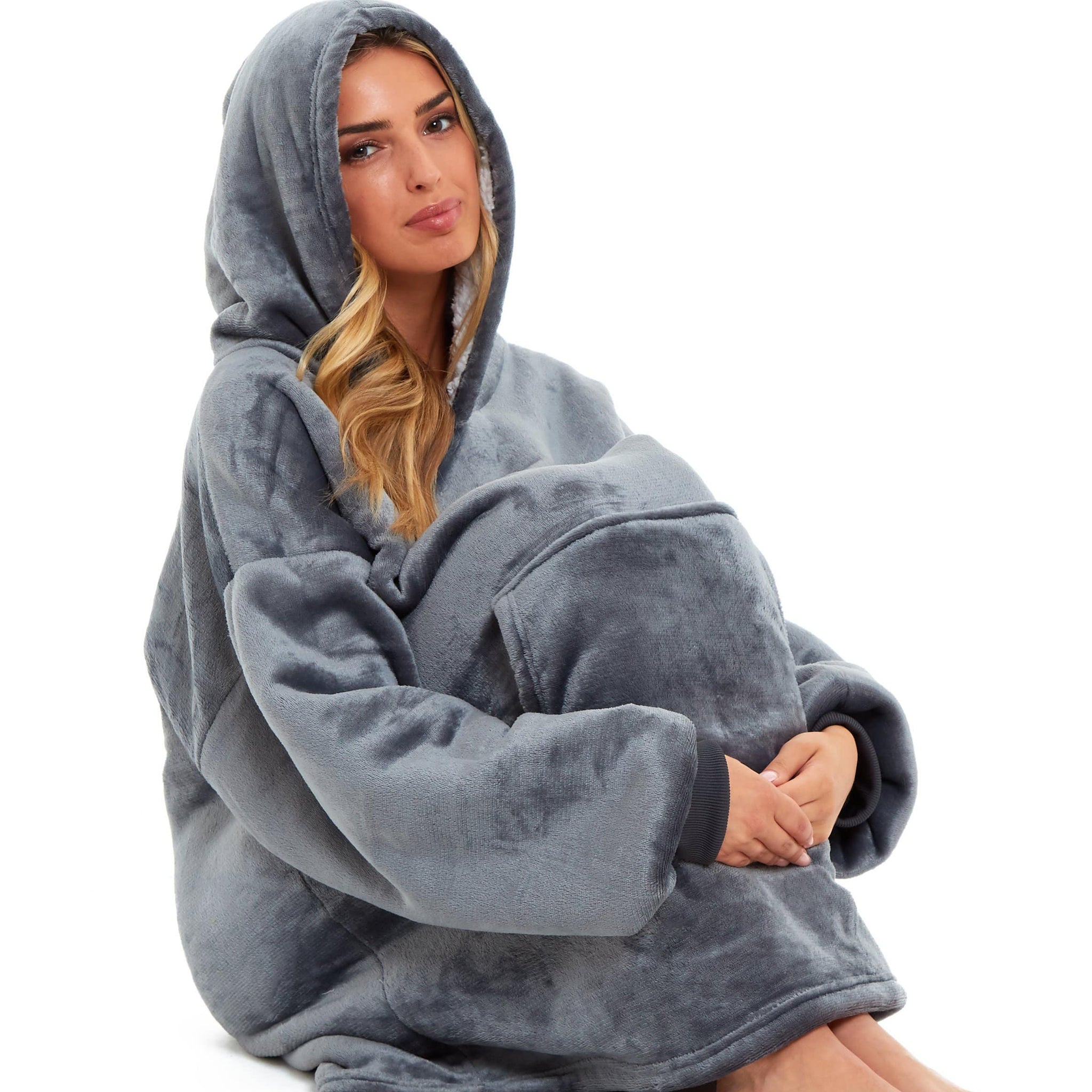 Oversized Reversible Sherpa and Plush Fleece Hooded Blanket Grey and Pink Ultimate Warmth and Comfort Hoodie for Adults and Kids by Daisy Dreamer