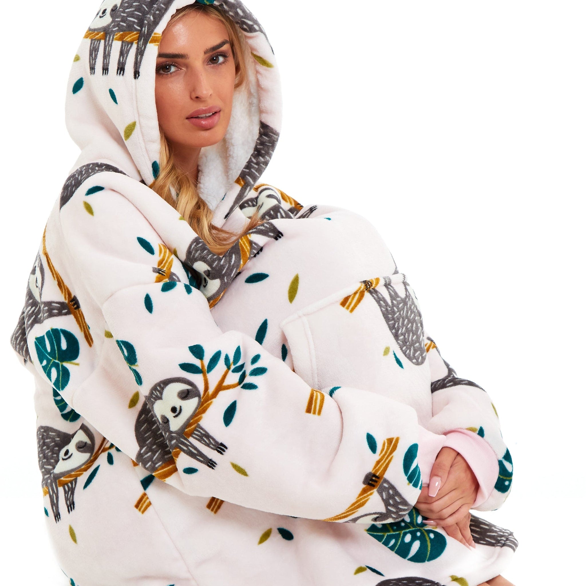 Oversized Sloth Hoodie Blanket with Reversible Sherpa Plush Fleece Giant 6XL for Adults and Kids with Pockets and Elastic Cuffs by Daisy Dreamer