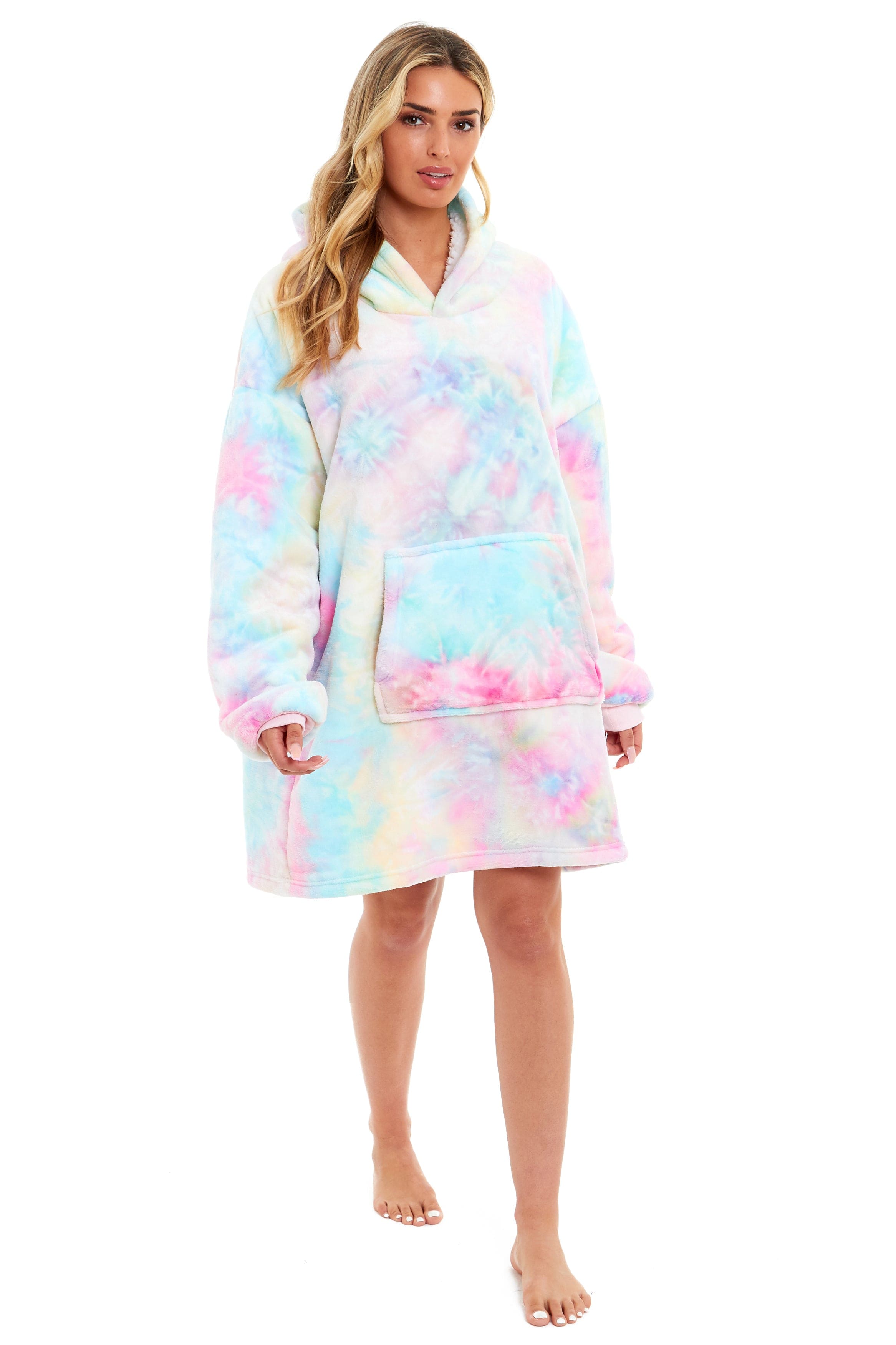 Oversized Tie Dye Rainbow Hooded Plush Fleece Blanket with Reversible Ultra Soft Sherpa, Giant Hoodie Sweatshirt for Adults and Kids with Elastic Cuffs and Pocket by Daisy Dreamer