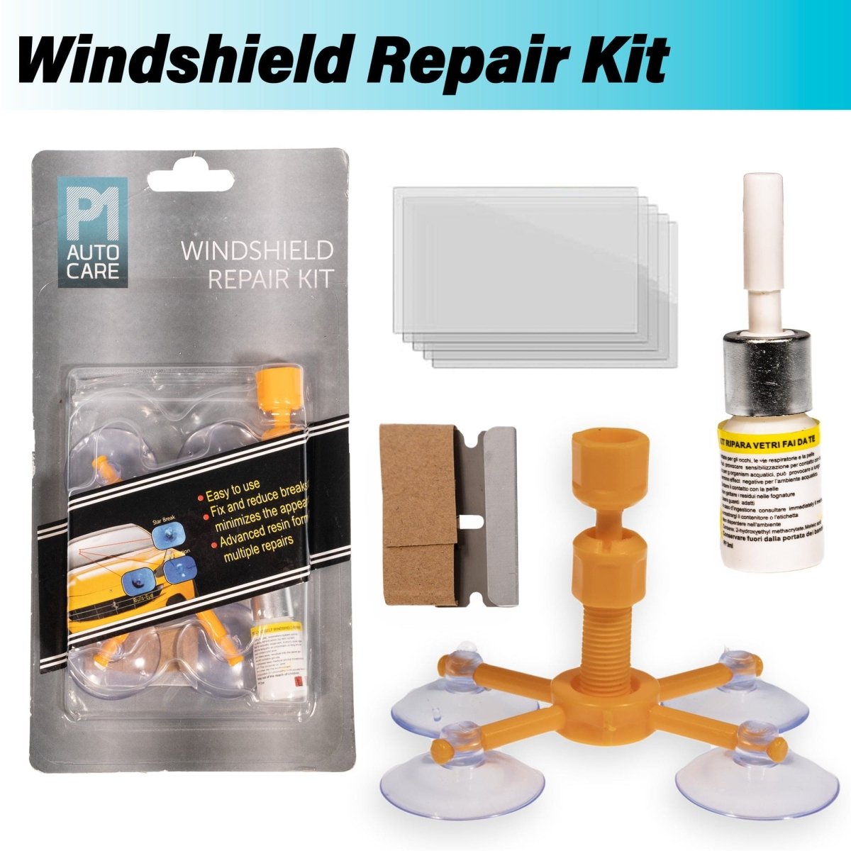 P1 Autocare Windshield Repair Tool Kit - Fix Glass Cracks, Chips, Scratches and More with 1.5g Repair Resin