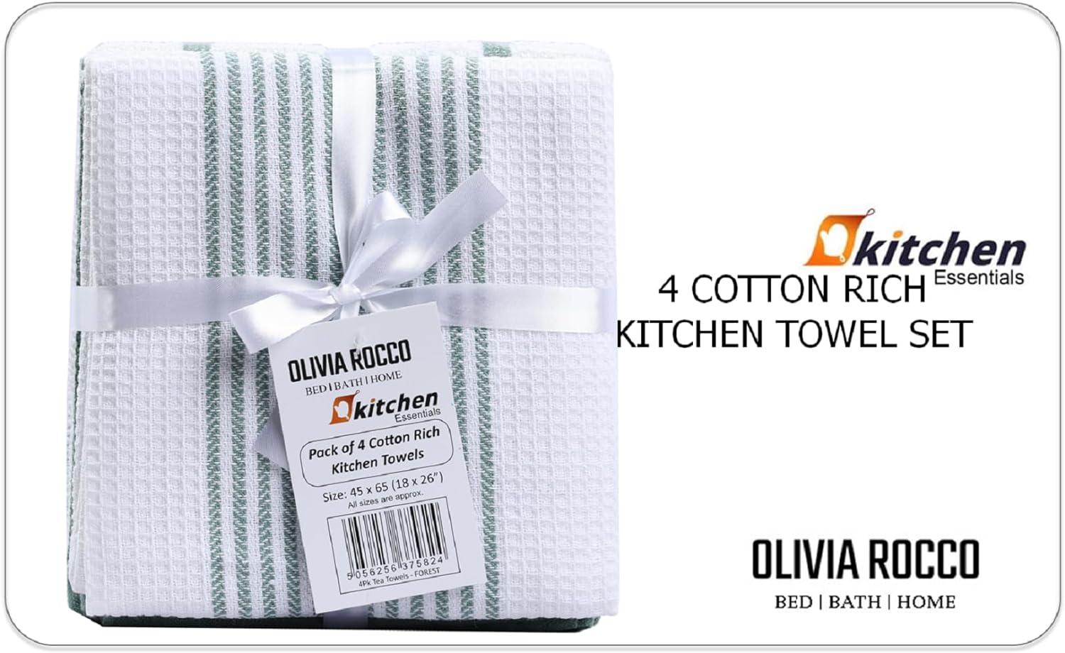 Pack of 4 Green Cotton Tea Towels for Drying Dishes and Cleaning Spills High Absorbency and Durability 65x45 cm by OLIVIA ROCCO