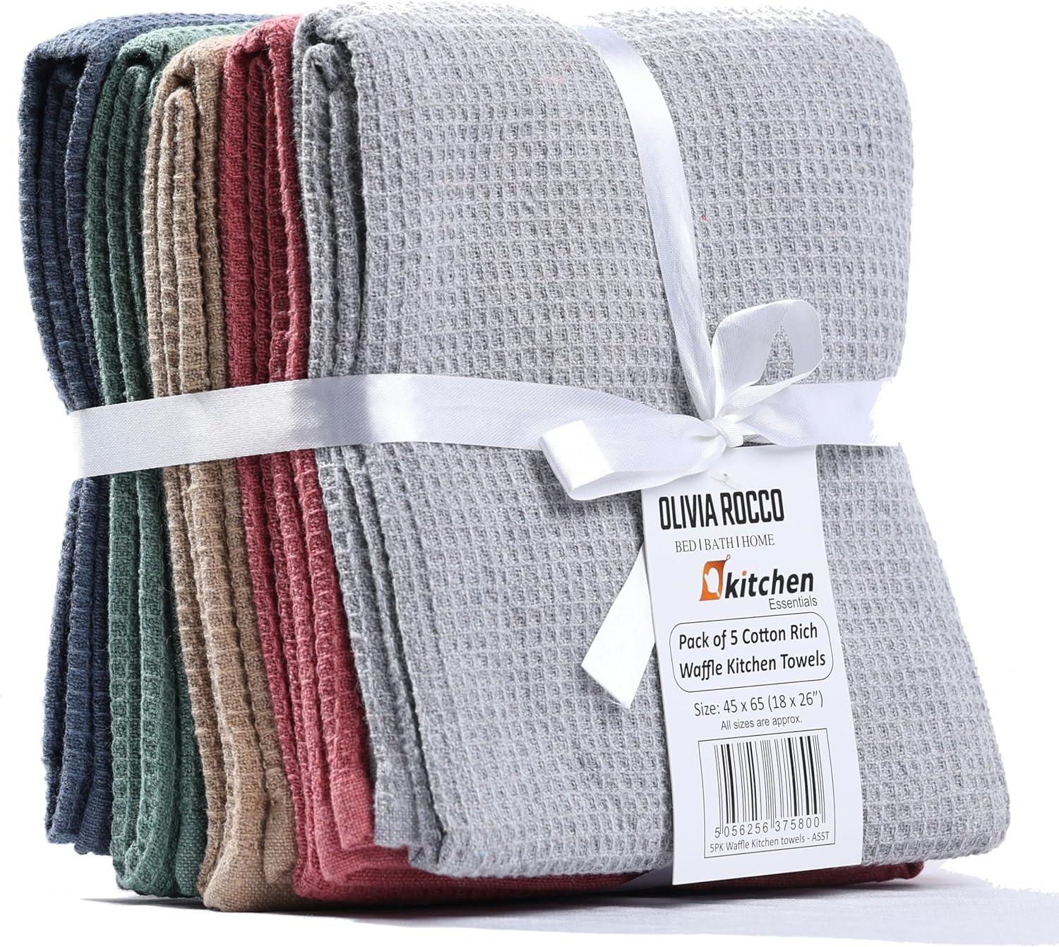 5 Pack Ultra Absorbent Waffle Kitchen Tea Towels High-Quality Soft Cotton Assorted Colours Durable for Home and Catering Use by OLIVIA ROCCO