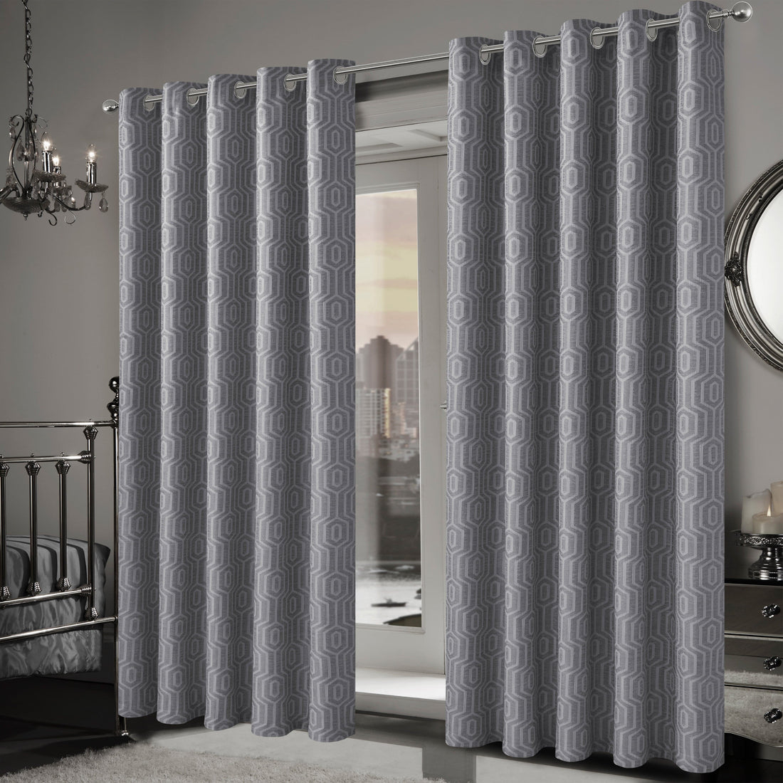 Paris Eyelet Jacquard Curtains Grey Geometric Pattern Thermal Insulated Light Blocking for Bedroom Lounge by OLIVIA ROCCO