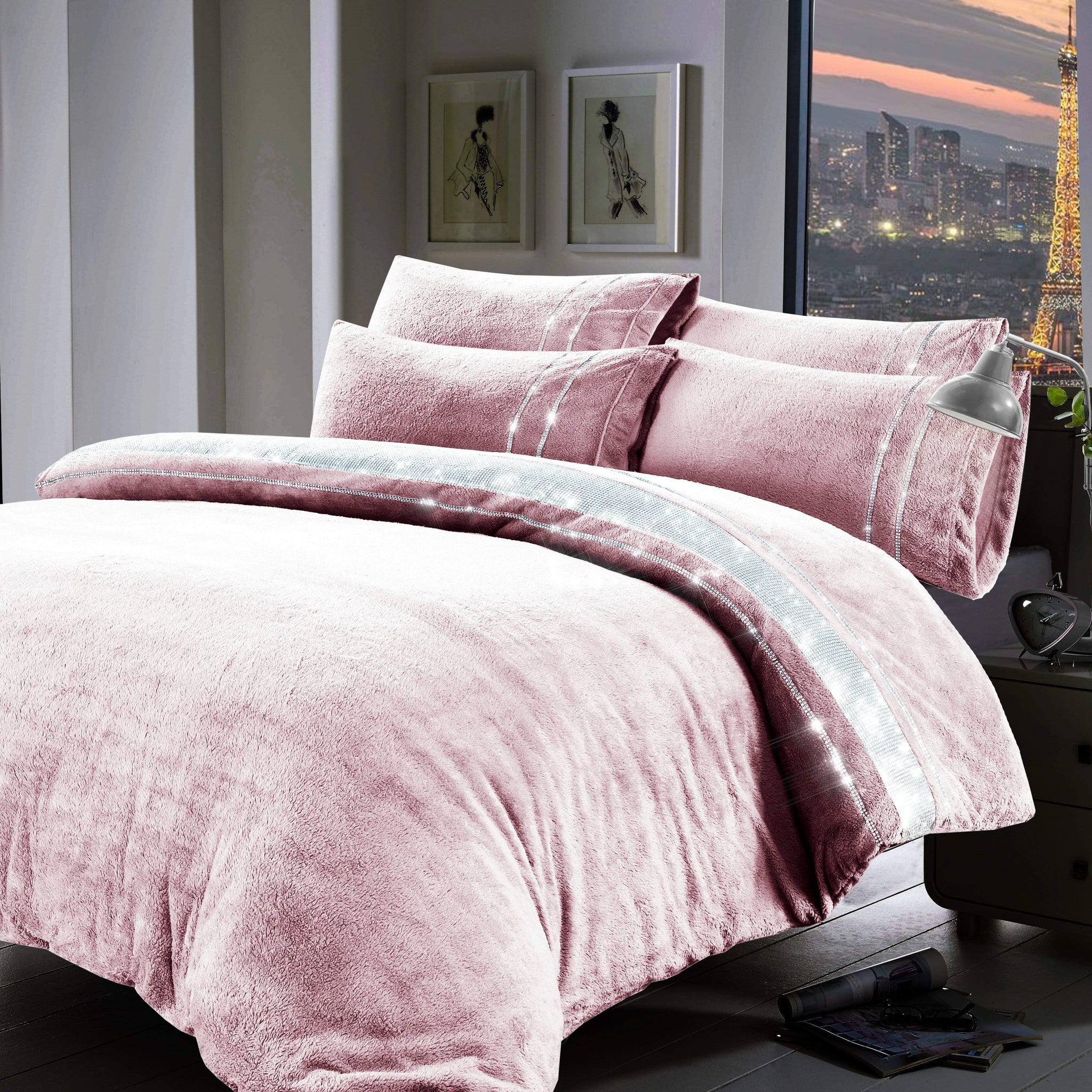Paris Glitz Teddy Fleece Duvet Set Luxurious Handwoven Diamante Detailing Super Soft Faux Fur OEKO-TEX Certified Multiple Sizes Available by OLIVIA ROCCO
