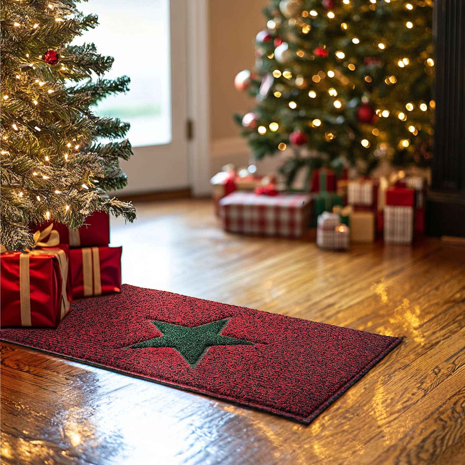 Christmas Star PVC Spaghetti Doormat - Red & Green Design