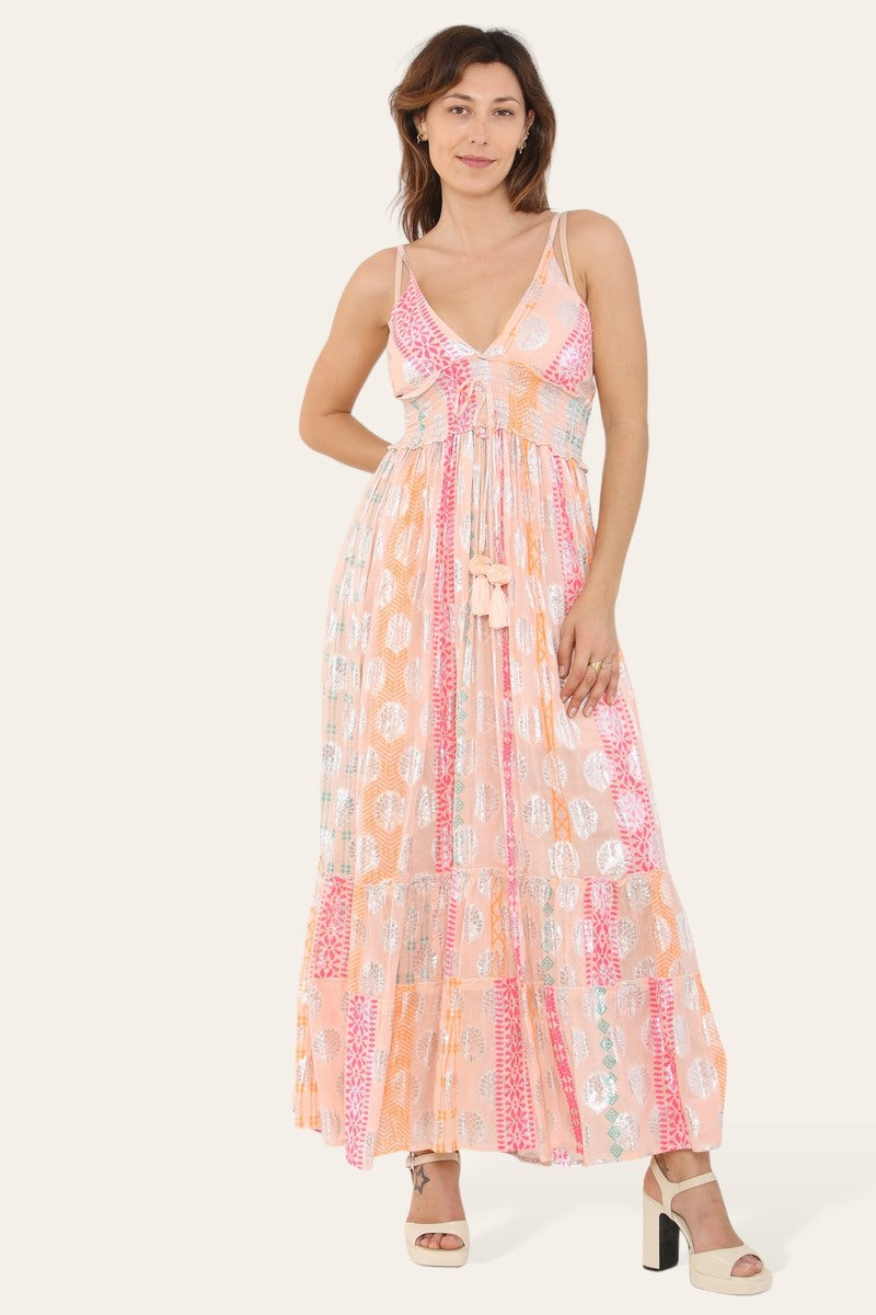 Elegant Long Strappy Dress with Silver Circular Print