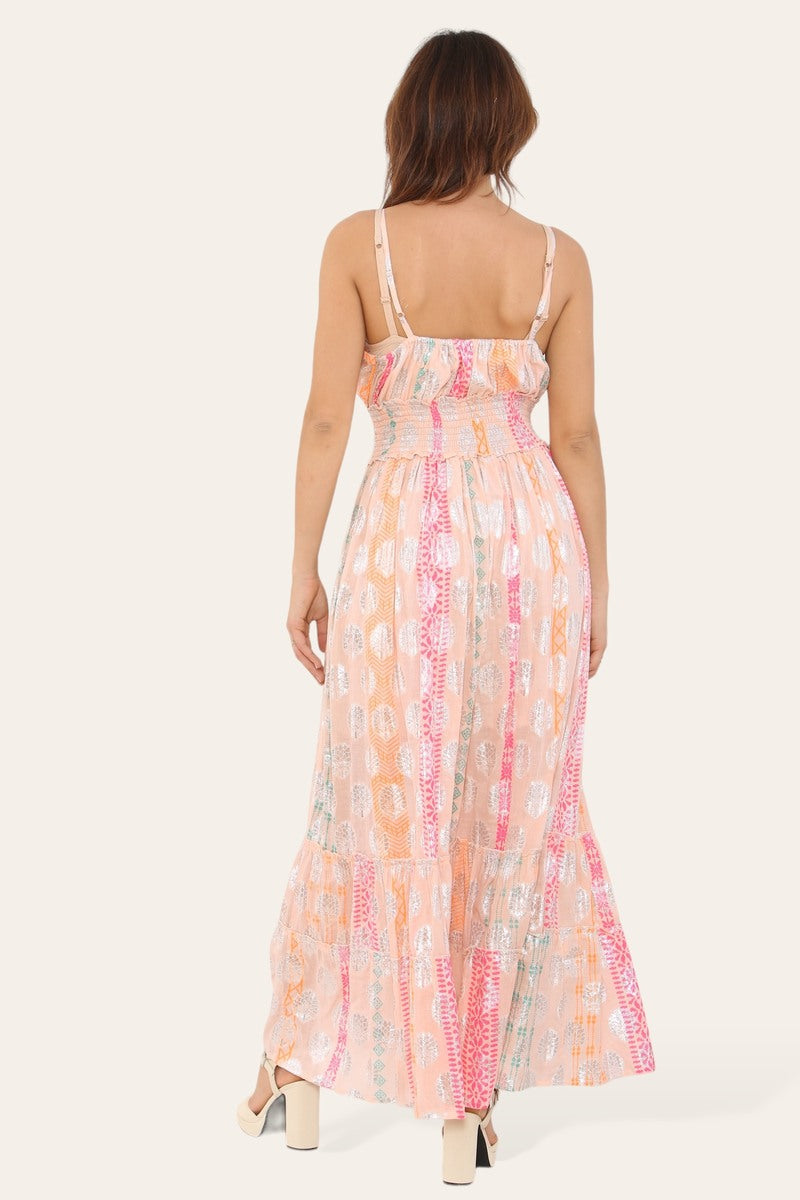 Elegant Long Strappy Dress with Silver Circular Print