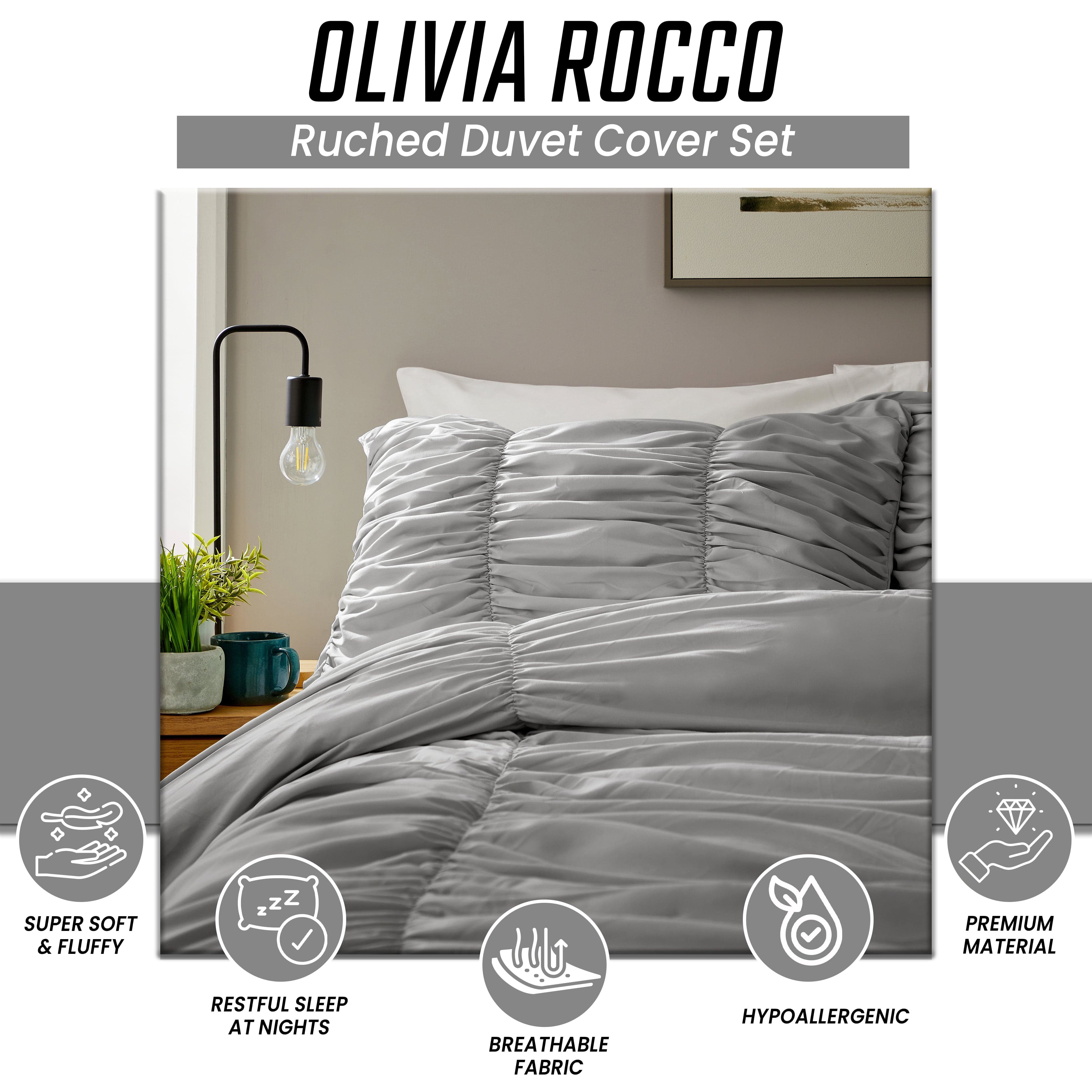 Ruched Grey Microfibre Duvet Cover Set with Pillowcases Ruffle Bedding Super Soft Easy Care Quilt Bed Linen by OLIVIA ROCCO
