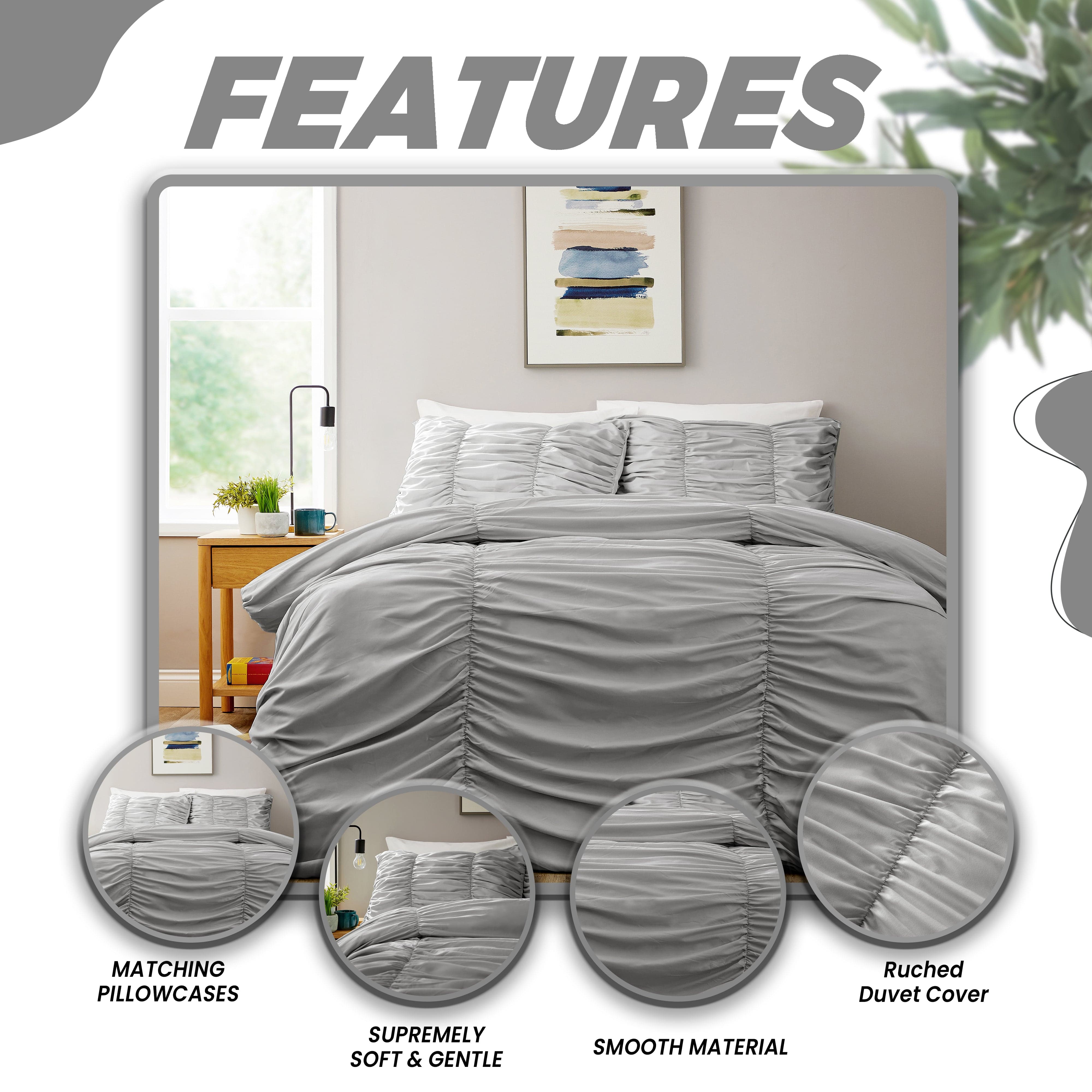 Ruched Grey Microfibre Duvet Cover Set with Pillowcases Ruffle Bedding Super Soft Easy Care Quilt Bed Linen by OLIVIA ROCCO