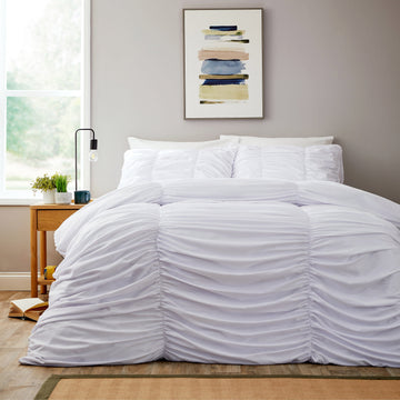 Ruched White Microfibre Duvet Cover Set with Pillowcases Ruffle Bedding Super Soft Easy Care Quilt Bed Linen by OLIVIA ROCCO