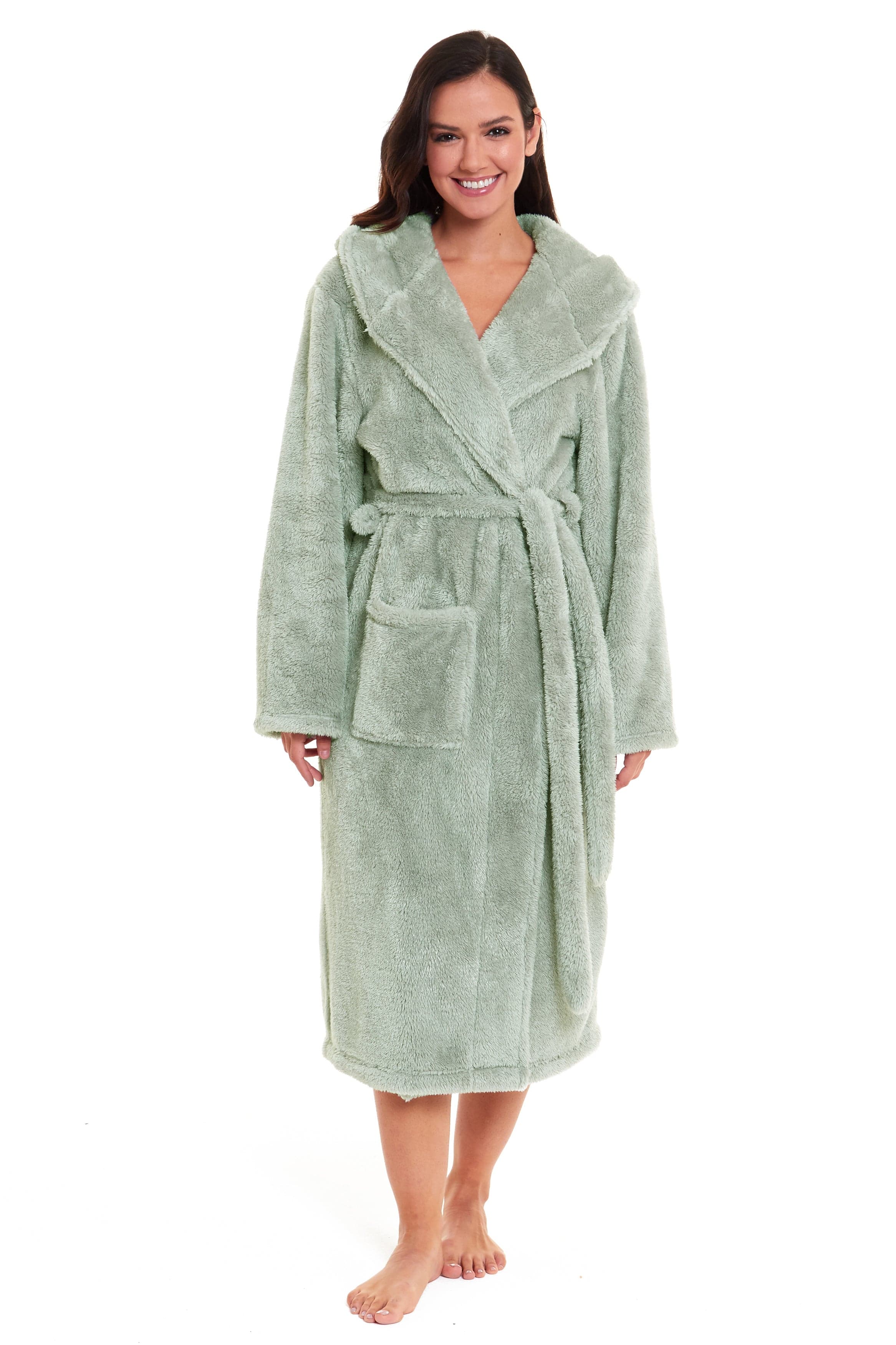 Women's Sage Green Snuggle Fleece Touch Hooded Robe Luxurious Soft Loungewear Cosy Durable Dressing Gown UK Sizes 8-22 by Daisy Dreamer