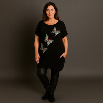 Sequin Butterfly Dipped Hem Top with Pockets