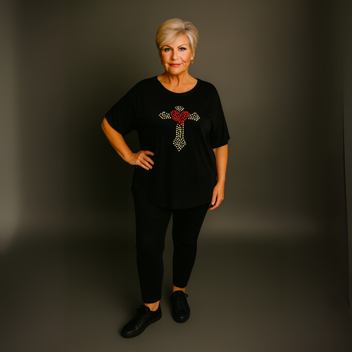 Soft Stretchy Short Sleeve Cross Studded Top
