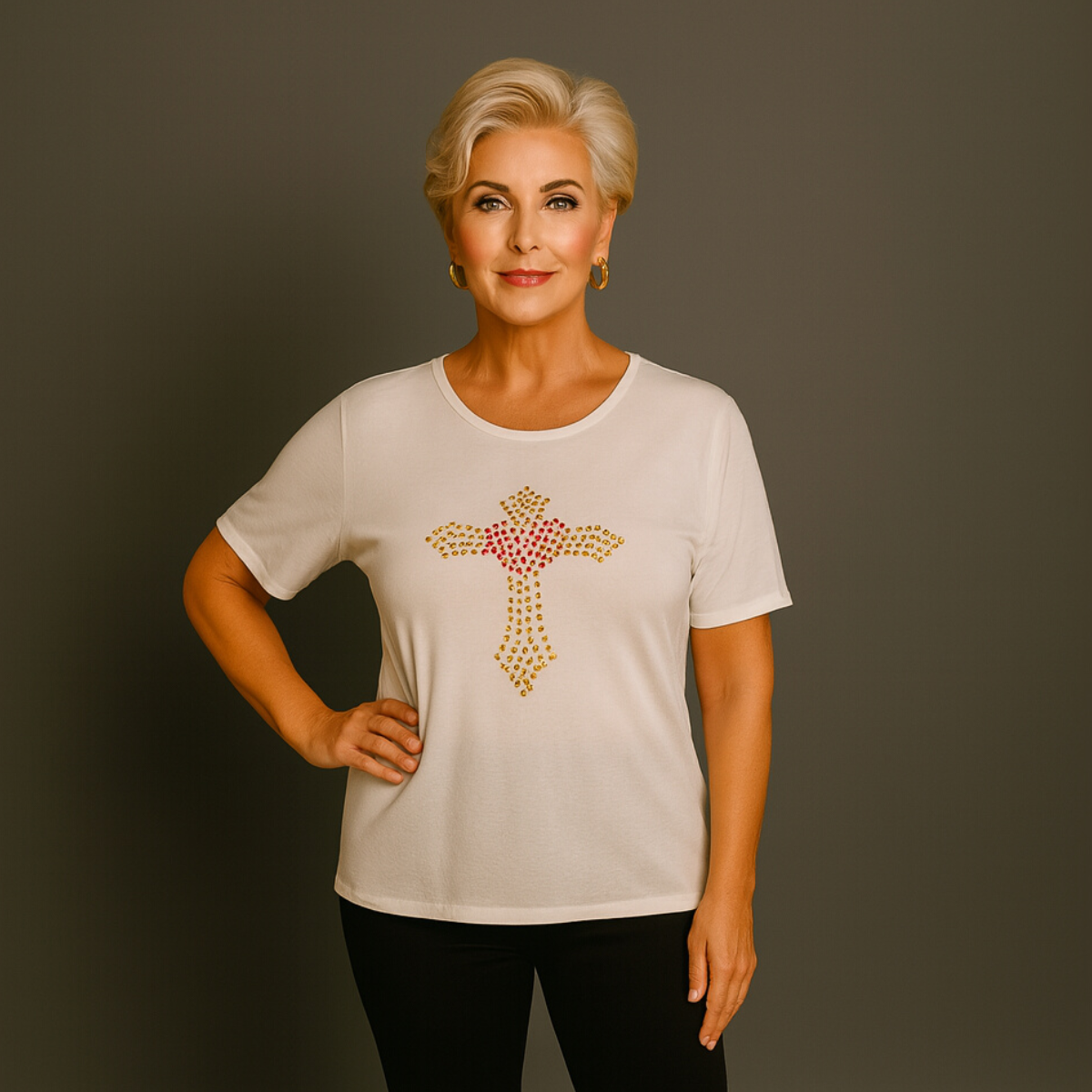 Soft Stretchy Short Sleeve Cross Studded Top