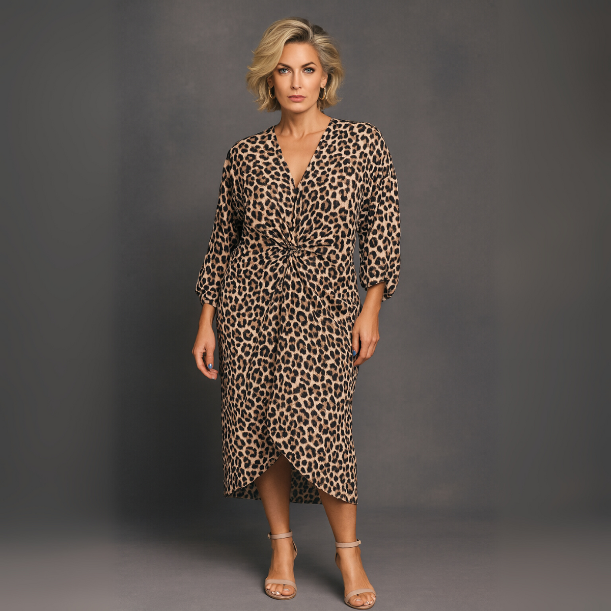 Leopard Print Loose Fitting V-Neck Knot Front Dress