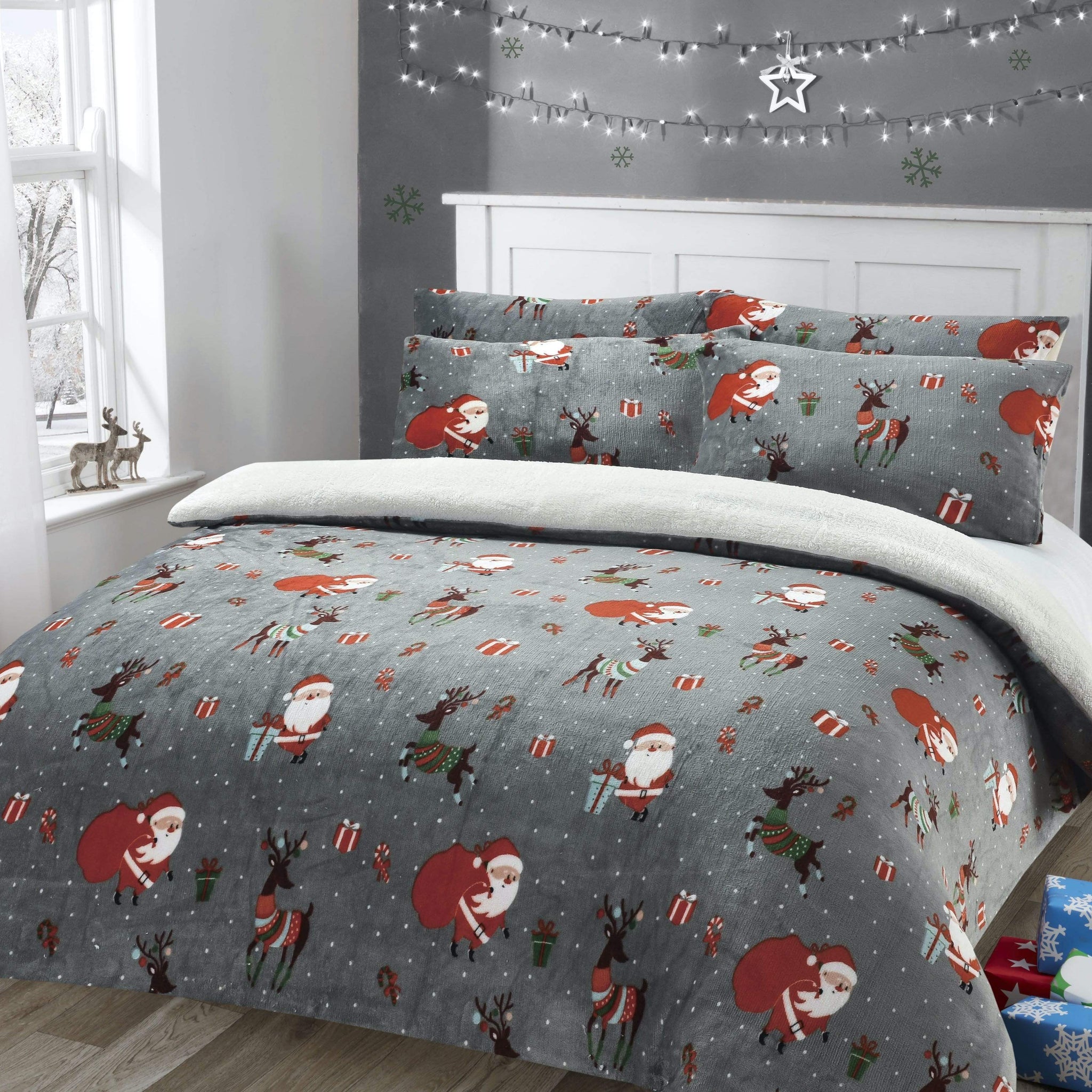Santa Christmas Presents Reversible Teddy Fleece Duvet Cover Set Luxurious Faux Fur Bedding, Warm and Cozy Holiday Comfort OEKO-TEX Certified by OLIVIA ROCCO