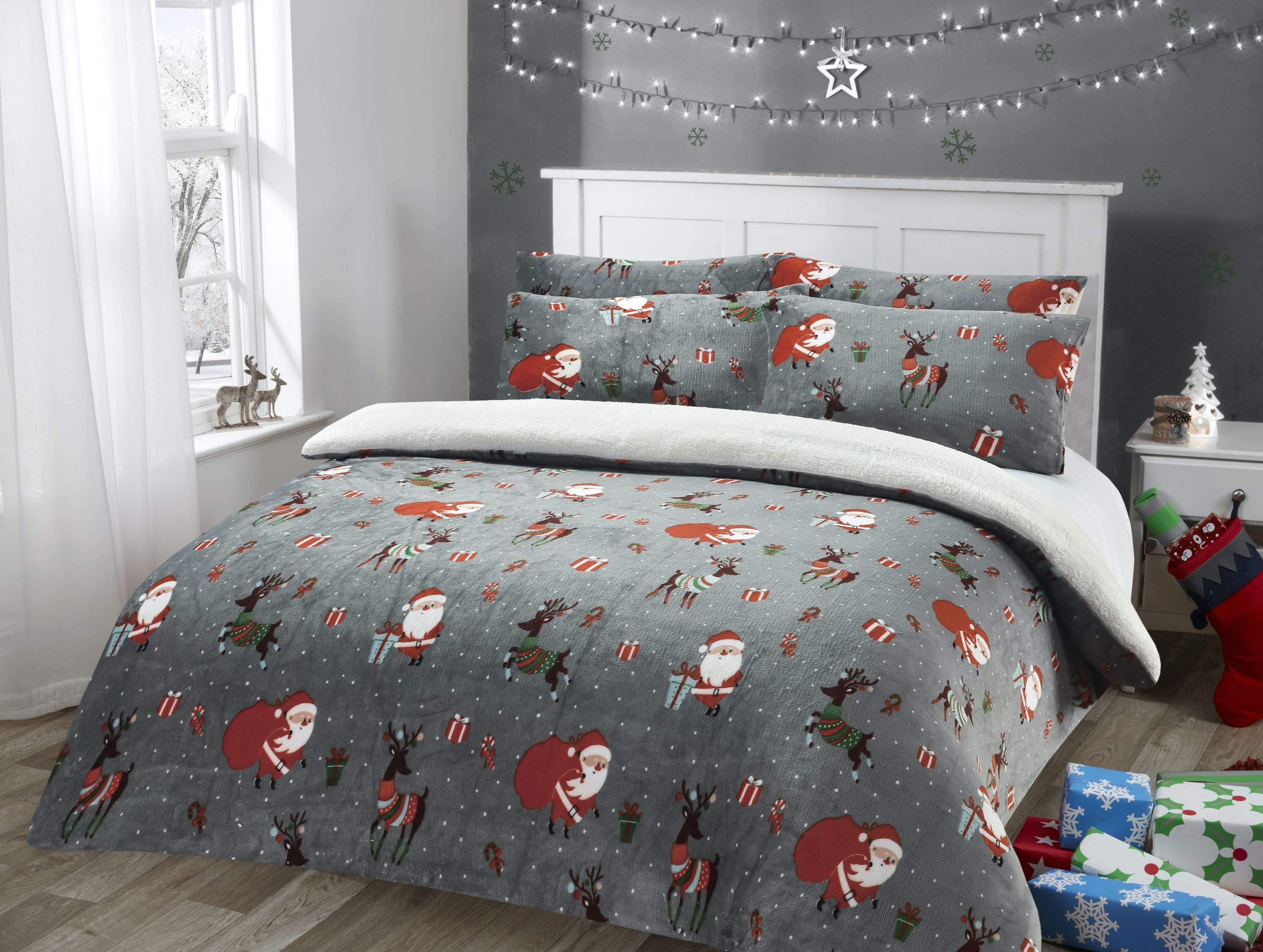 Santa Christmas Presents Reversible Teddy Fleece Duvet Cover Set Luxurious Faux Fur Bedding, Warm and Cozy Holiday Comfort OEKO-TEX Certified by OLIVIA ROCCO