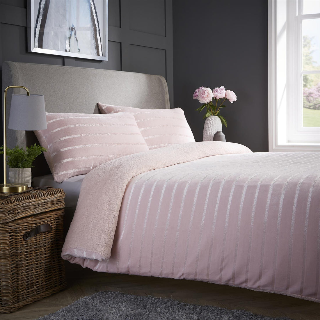 Satin Stripe Reversible Faux Fur Teddy Duvet Cover Set Super Soft Plush Bedding for Winter Available in Single Double and King Sizes by OLIVIA ROCCO