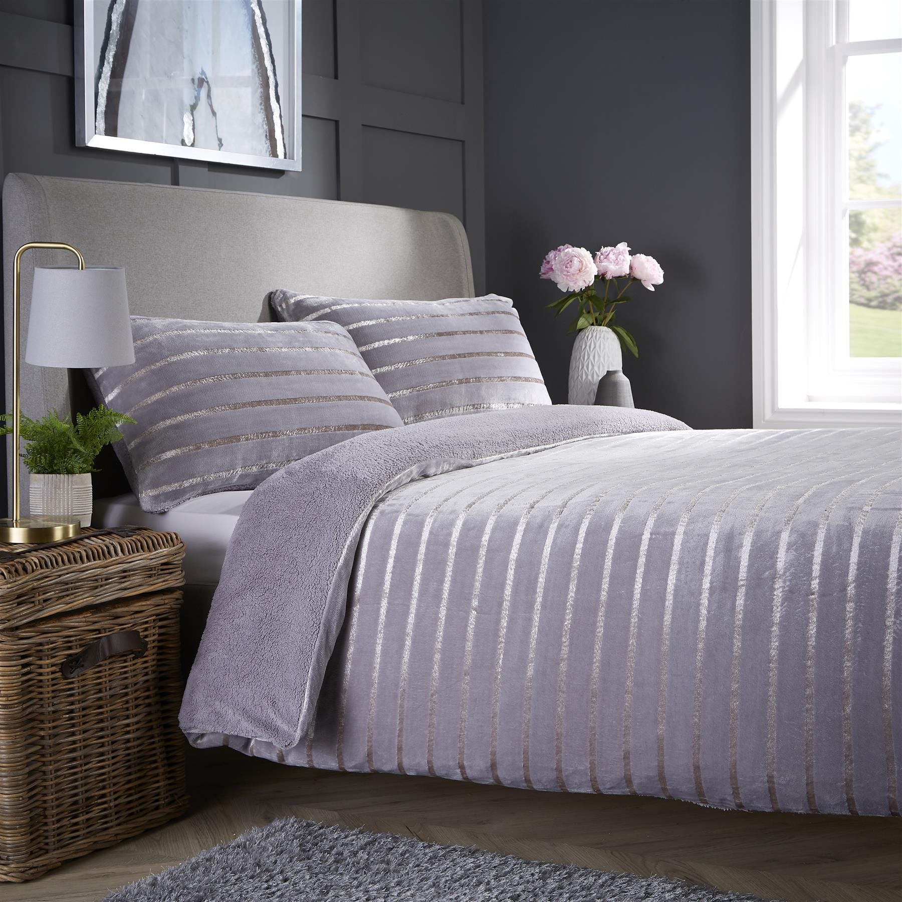 Satin Stripe Reversible Faux Fur Teddy Duvet Cover Set Super Soft Plush Bedding for Winter Available in Single Double and King Sizes by OLIVIA ROCCO